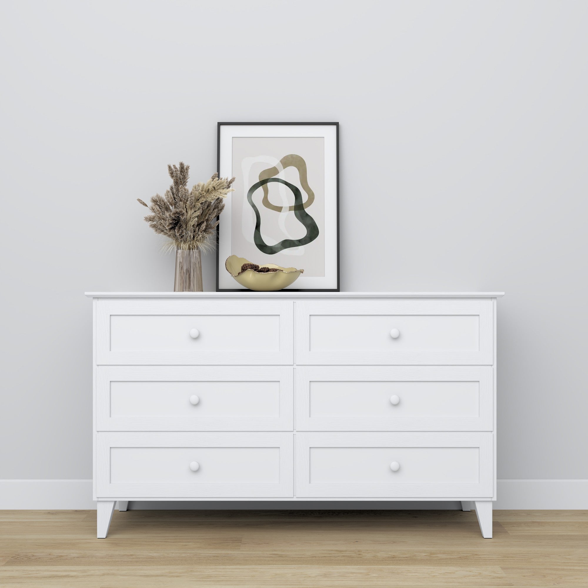 Chest of drawers 6S white – handle and drawer front, close-up of wooden finish