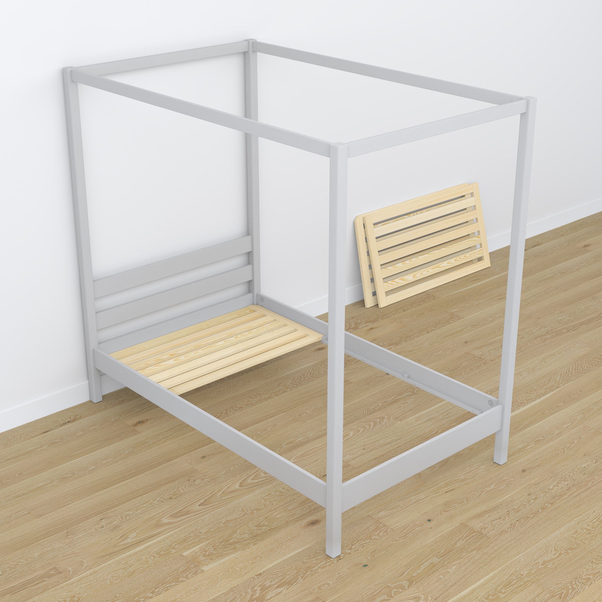 Wooden grey canopy bed – scandi child’s room arrangement