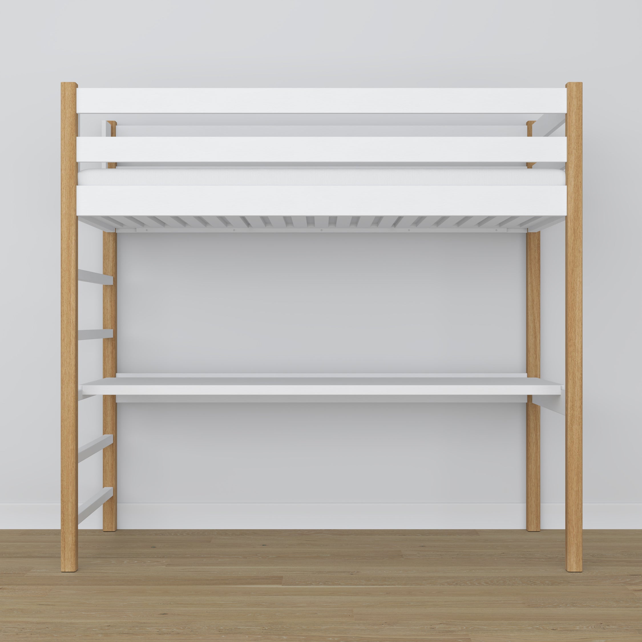 Loft bed white/oak wooden – top view of the sleeping area, Nizio