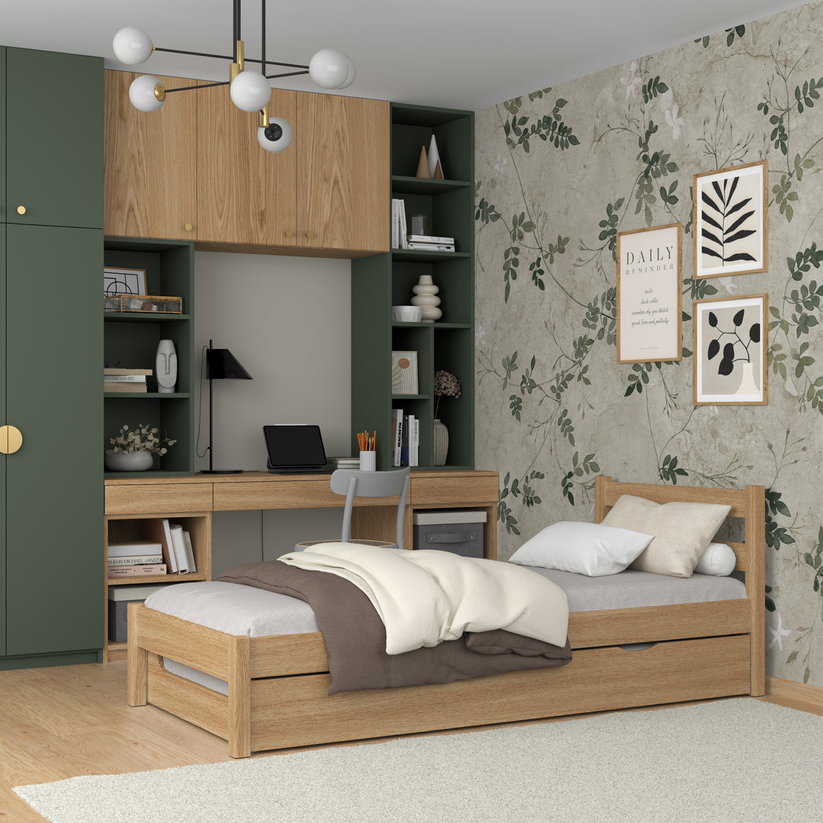 Natural Oak Bed with Drawer for Additional Mattress – Oak, for Children, Nizio