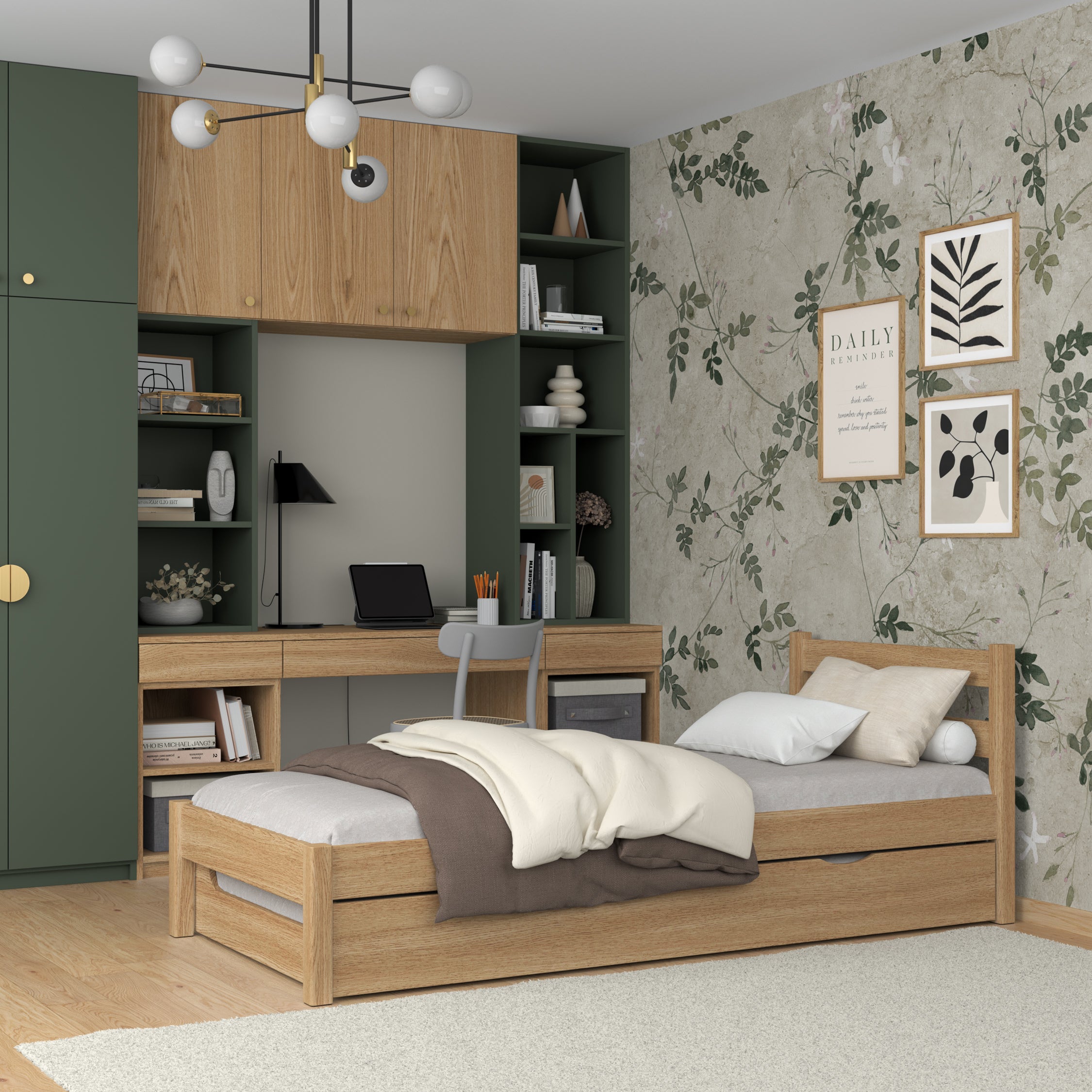 Natural Oak Bed with Drawer for Additional Mattress – Oak, for Children, Nizio