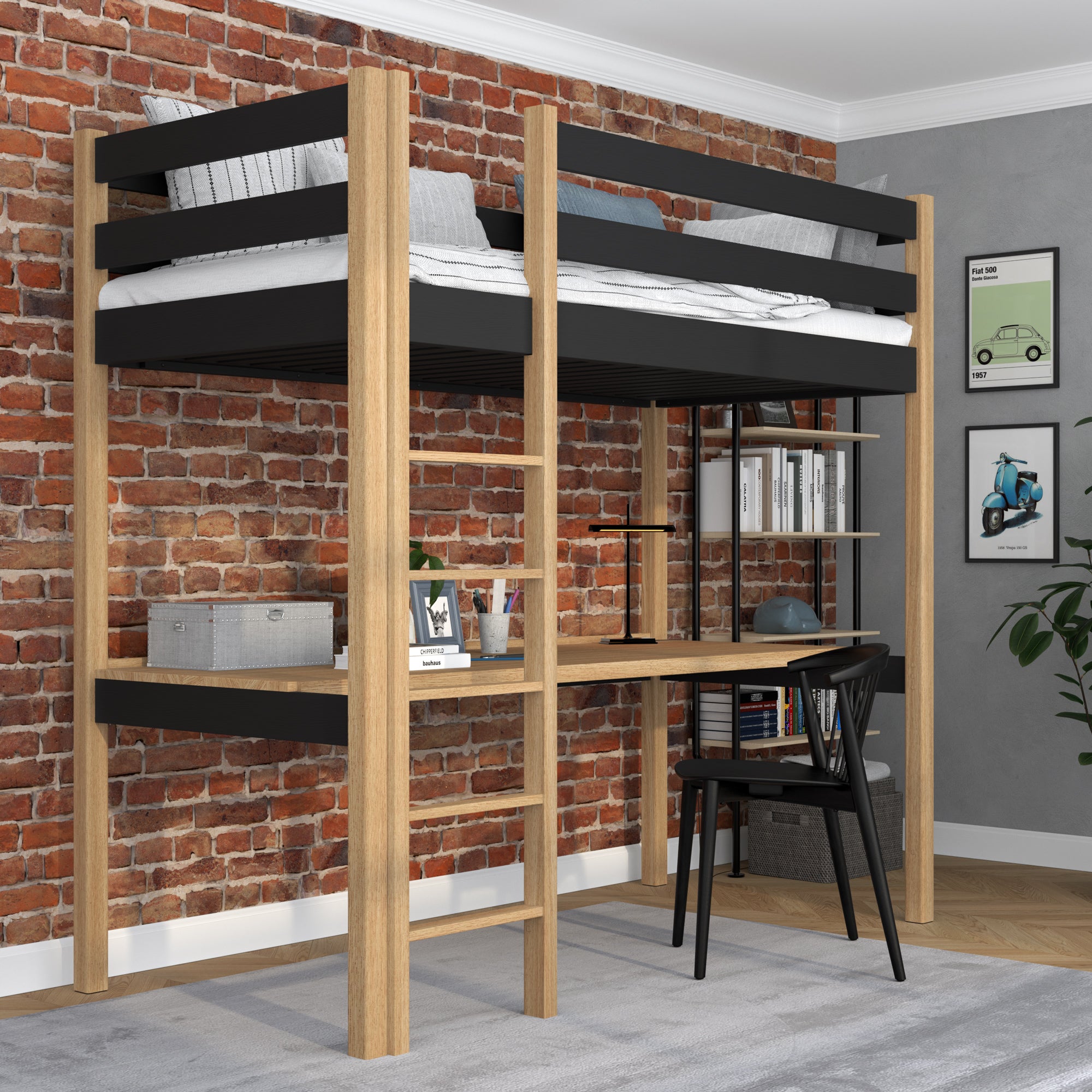 Black and Oak Wooden Loft Bed with Desk – Ladder and Safety Rail