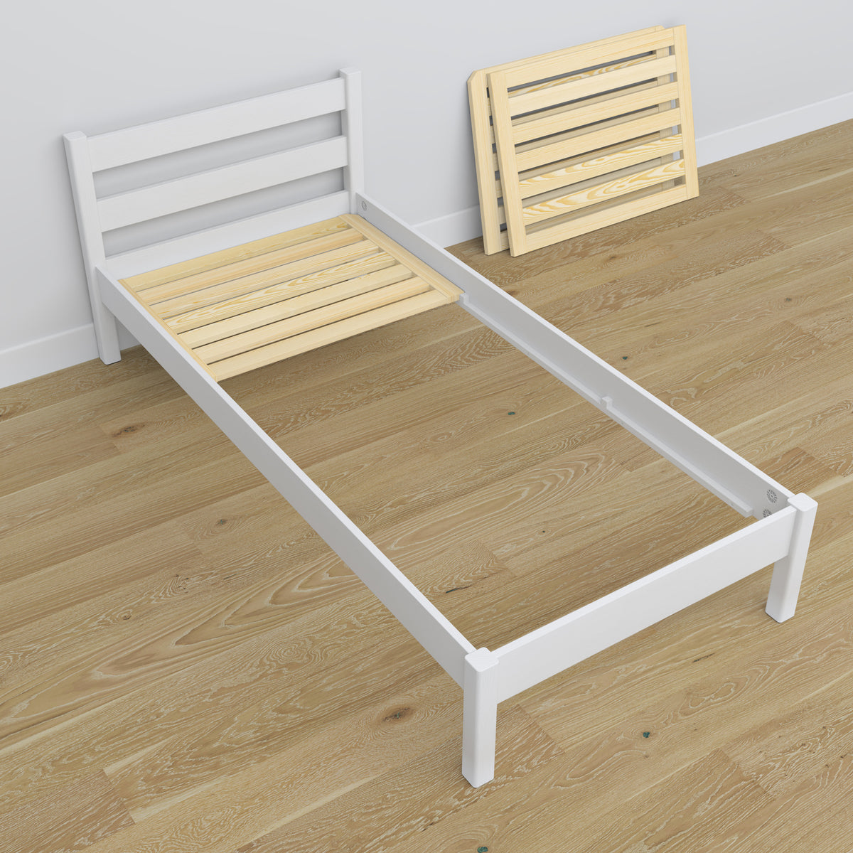Single wooden bed white – angled view, scandi children’s room