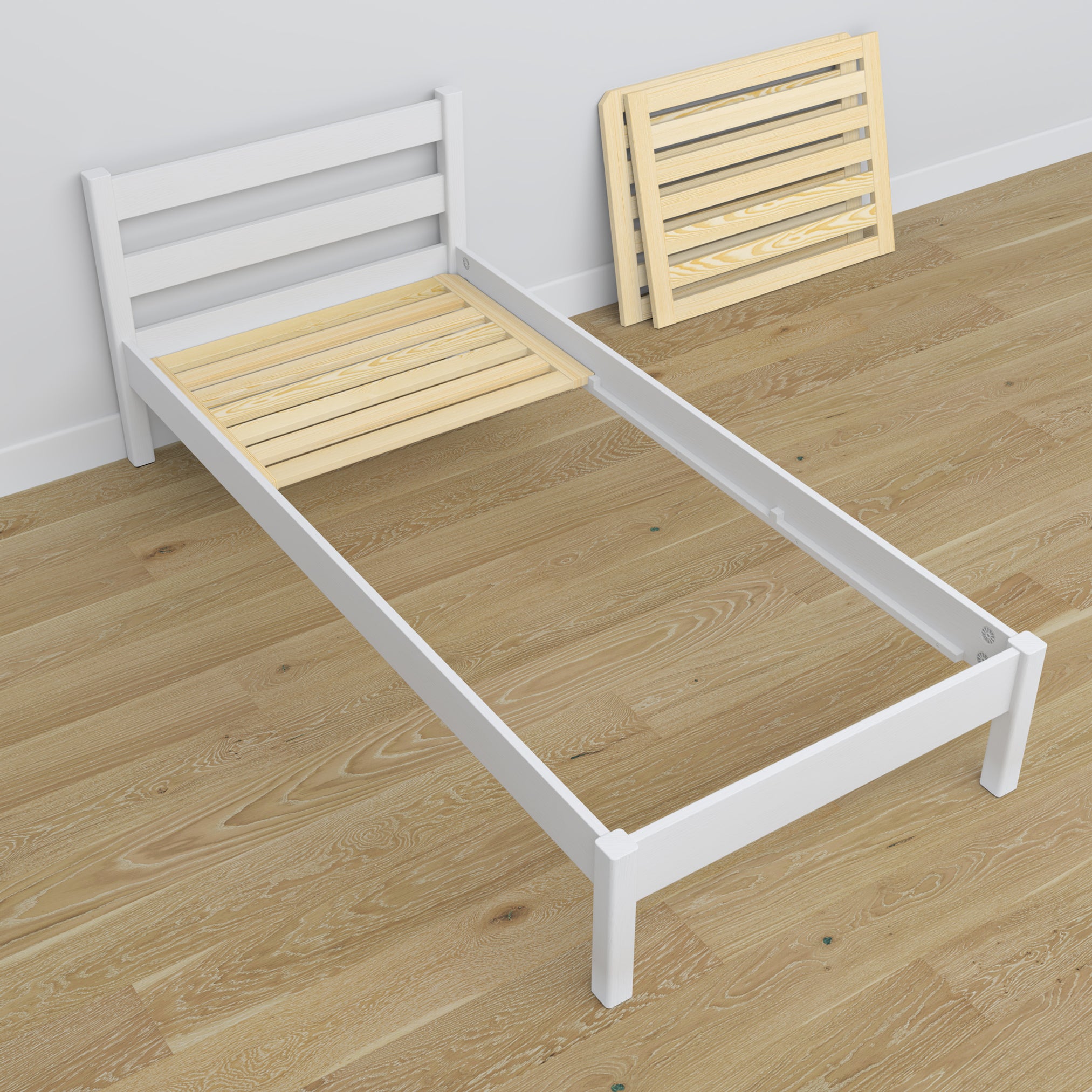 Single wooden bed white – angled view, scandi children’s room