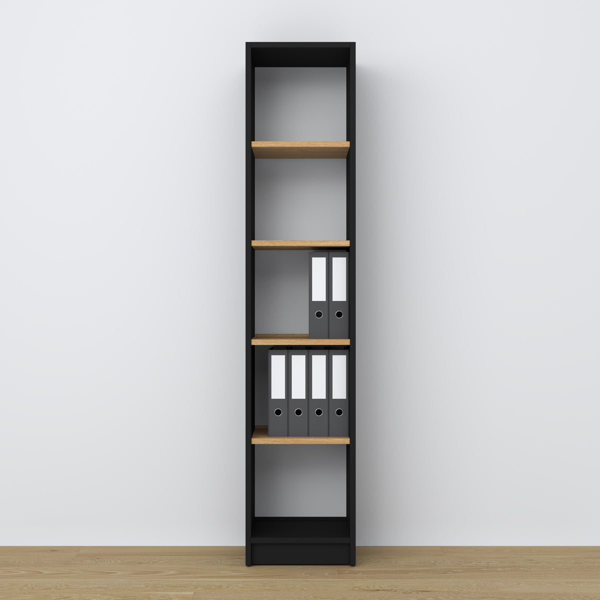 Bookcase wooden black-oak – close-up of shelves and details, Nizio Home