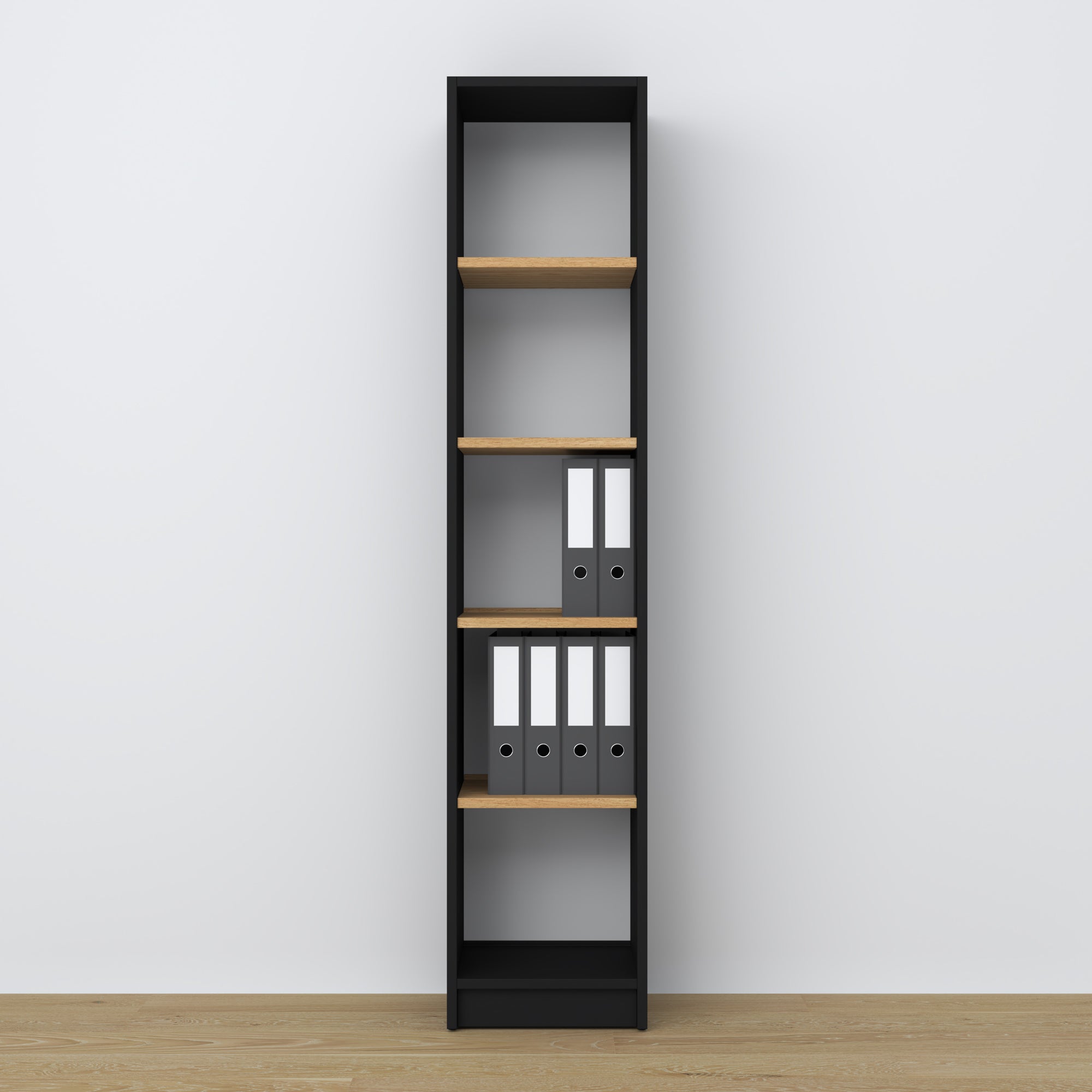 Bookcase wooden black-oak – close-up of shelves and details, Nizio Home
