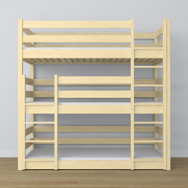 Triple bunk bed clear pine – ladder and safety rails, wooden