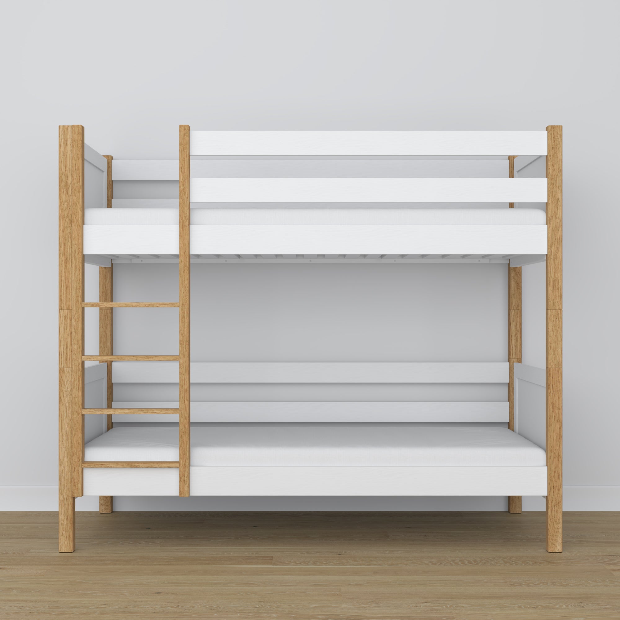 White and Oak Bunk Bed – Wooden Ladder and Safety Rail, Nizio Home