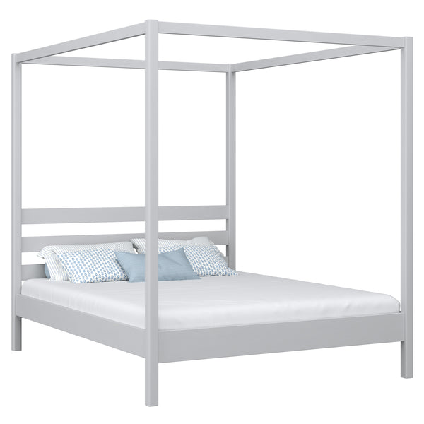 Wooden canopy double bed N01 grey – overall view, solid pine wood