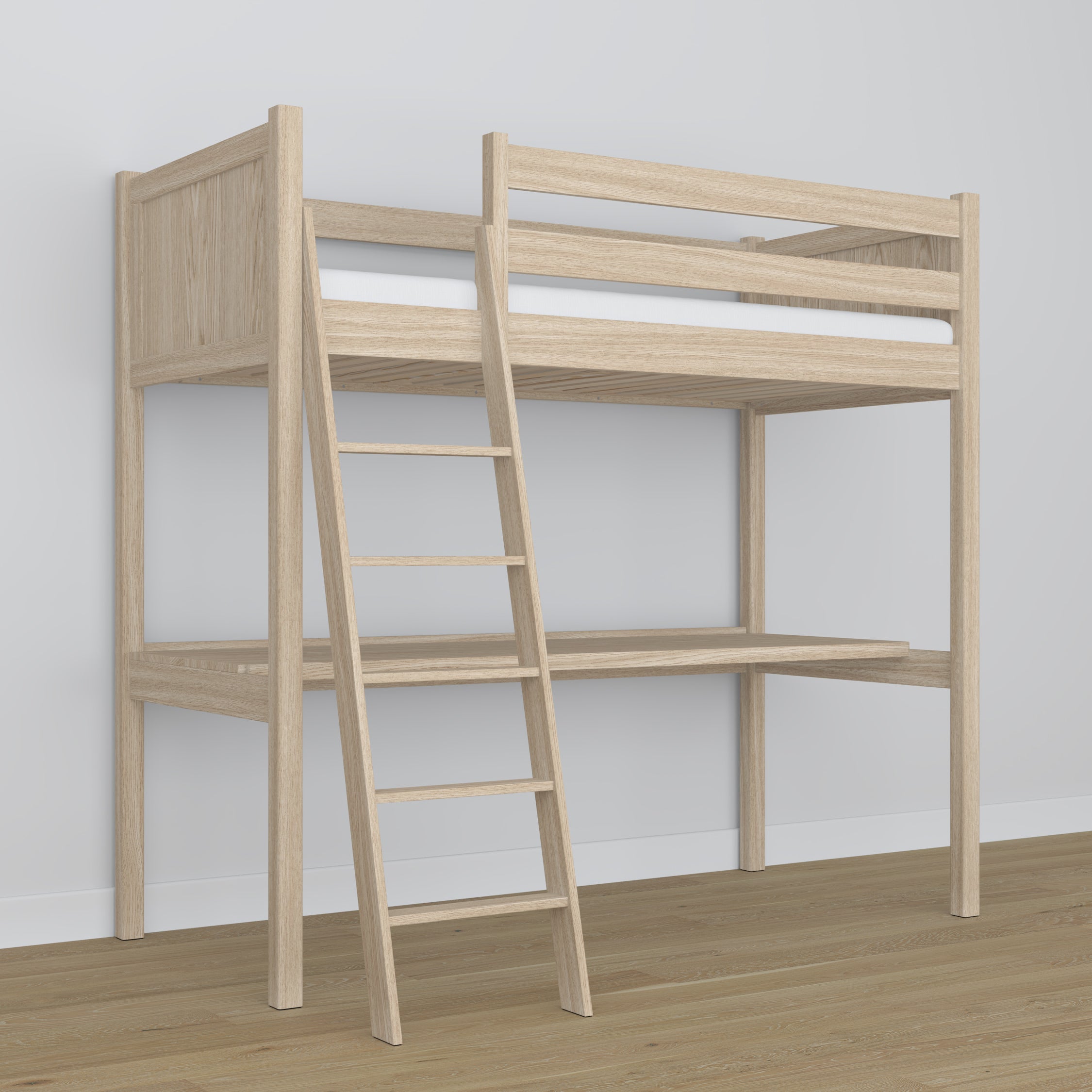 Loft bed bleached oak – oak desk under the sleeping area, scandi children’s room