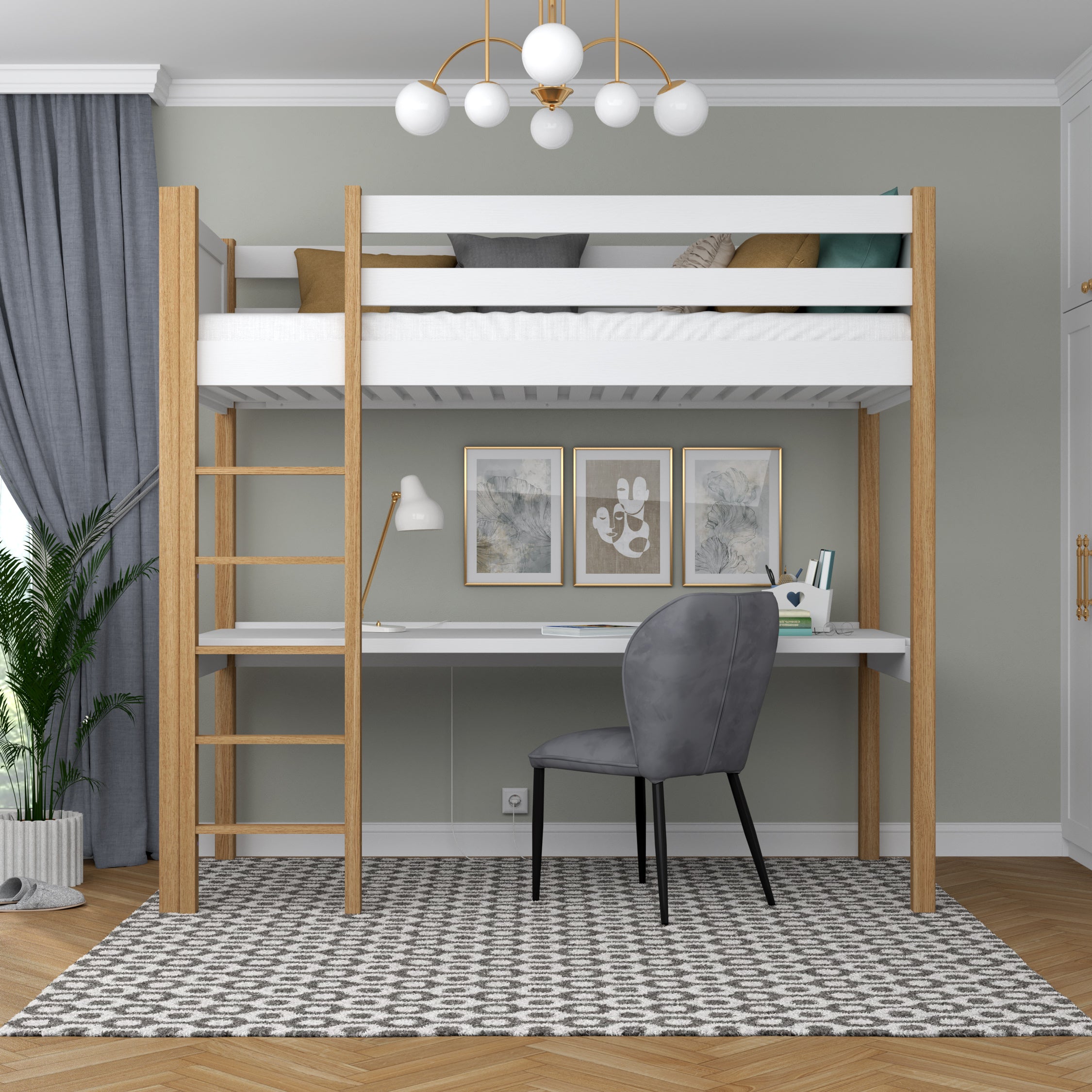 Loft bed white/oak with desk – study space under the sleeping area, wooden