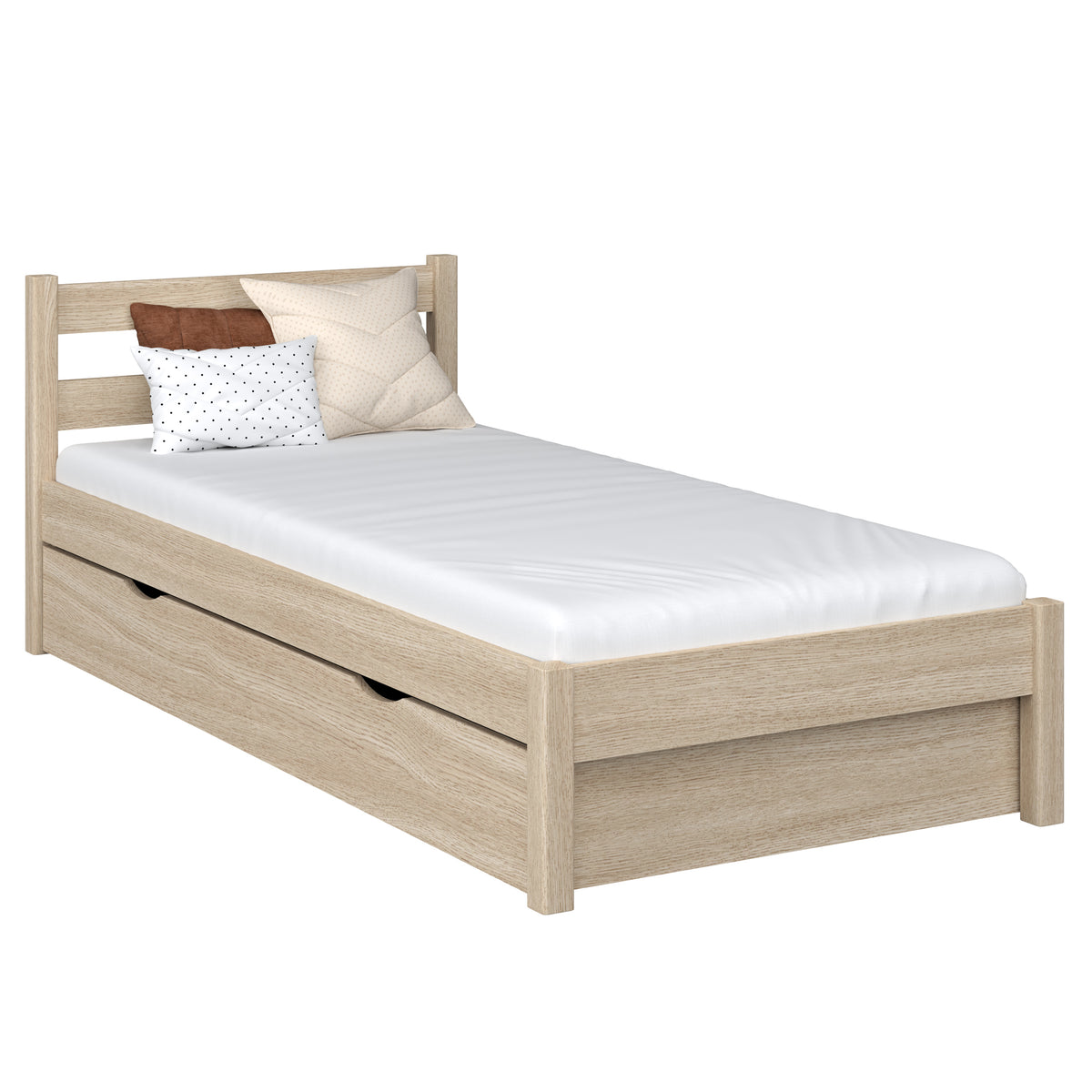 Oak bed with drawer bleached oak – open drawer, storage interior