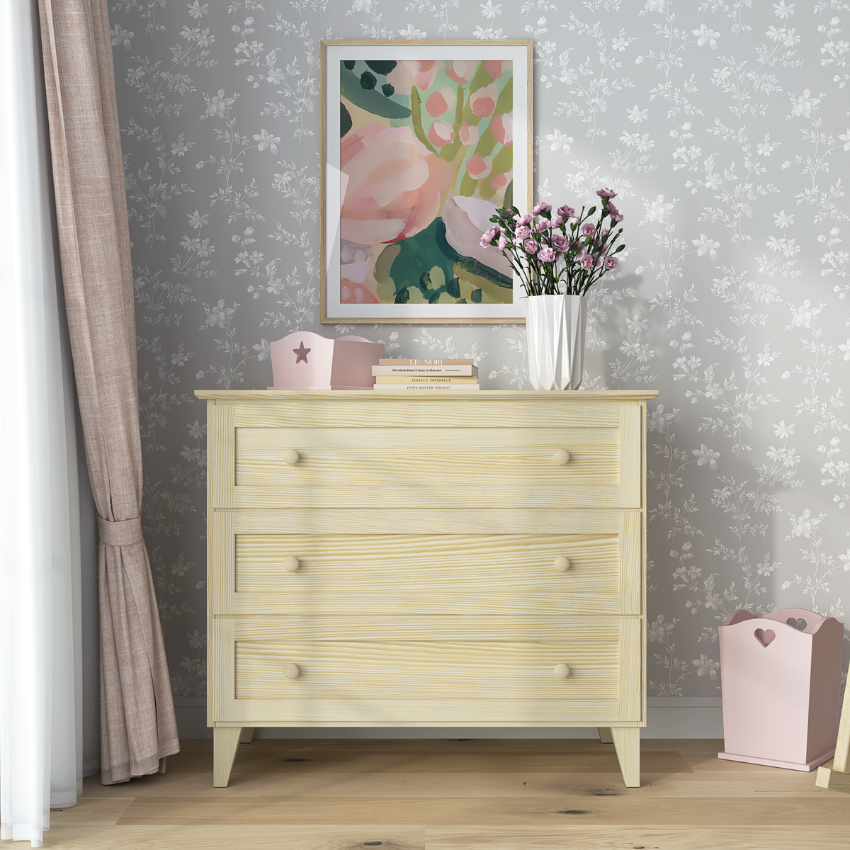 Chest of drawers 3S pine clear pine – open drawers, spacious storage compartments