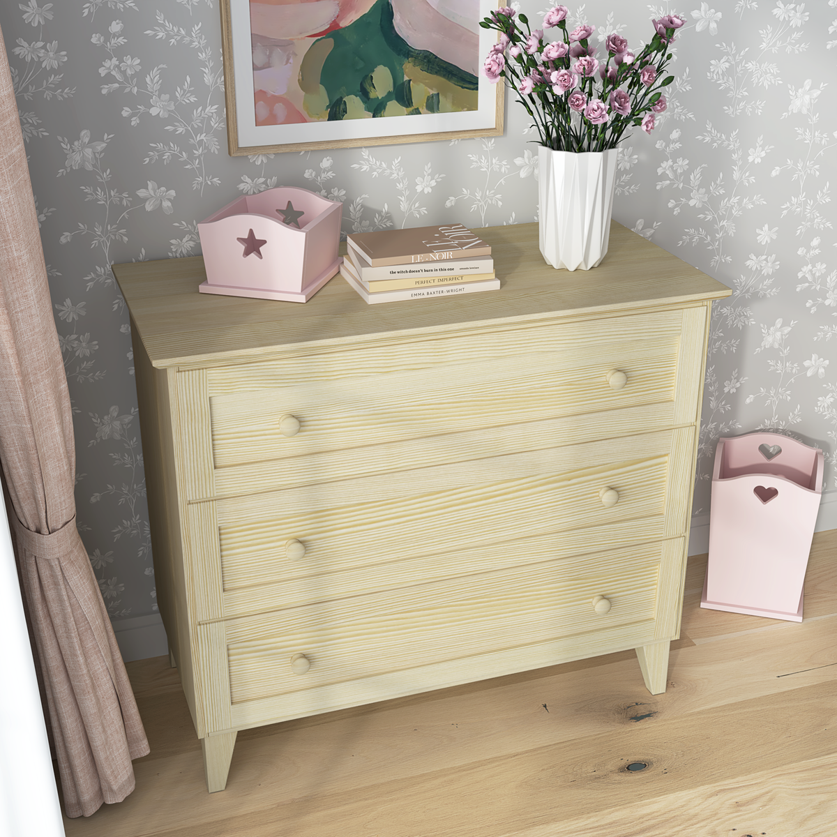 Chest of drawers 3S clear pine wood – side view, compact structure