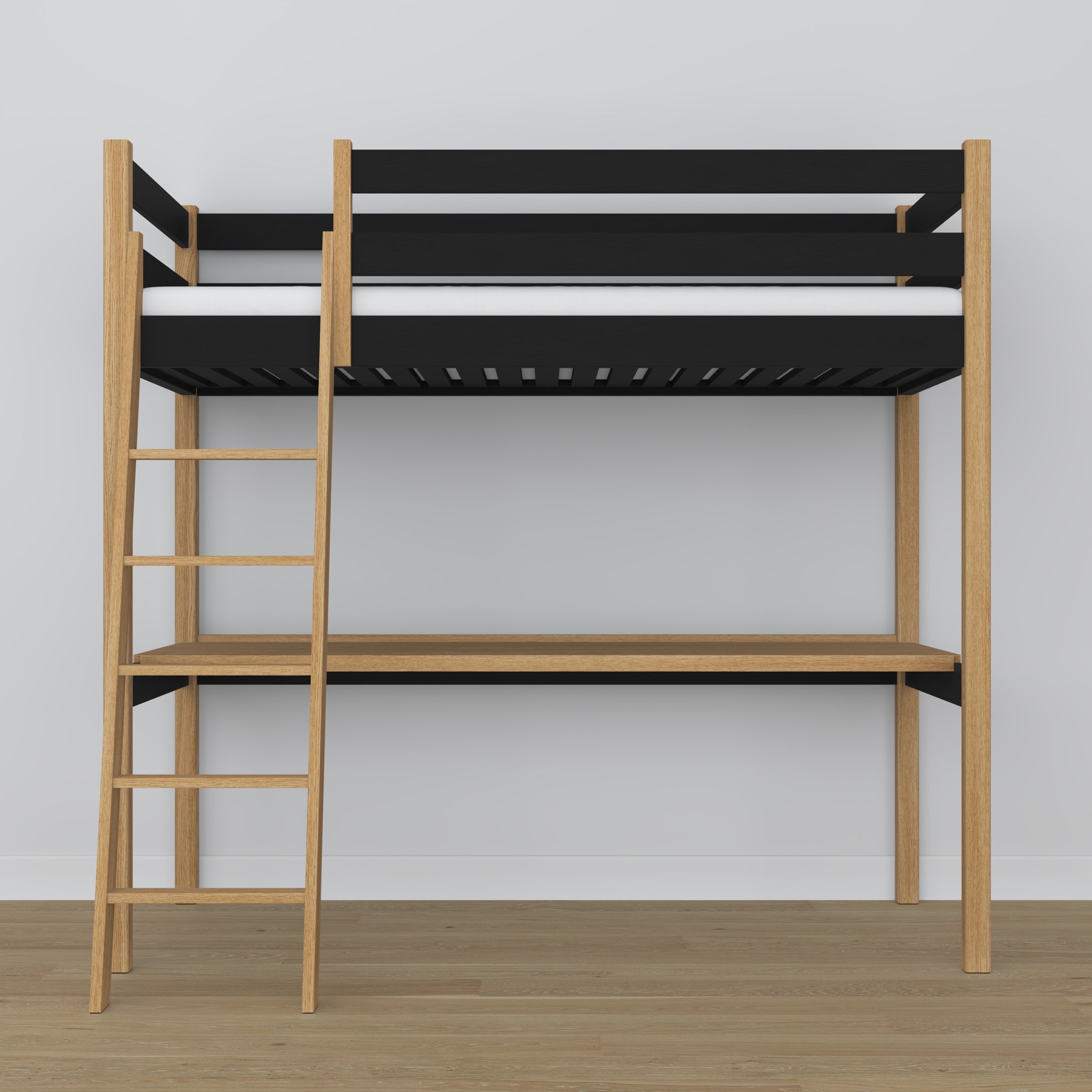 Loft bed black/oak wooden – top view of the sleeping area, Nizio