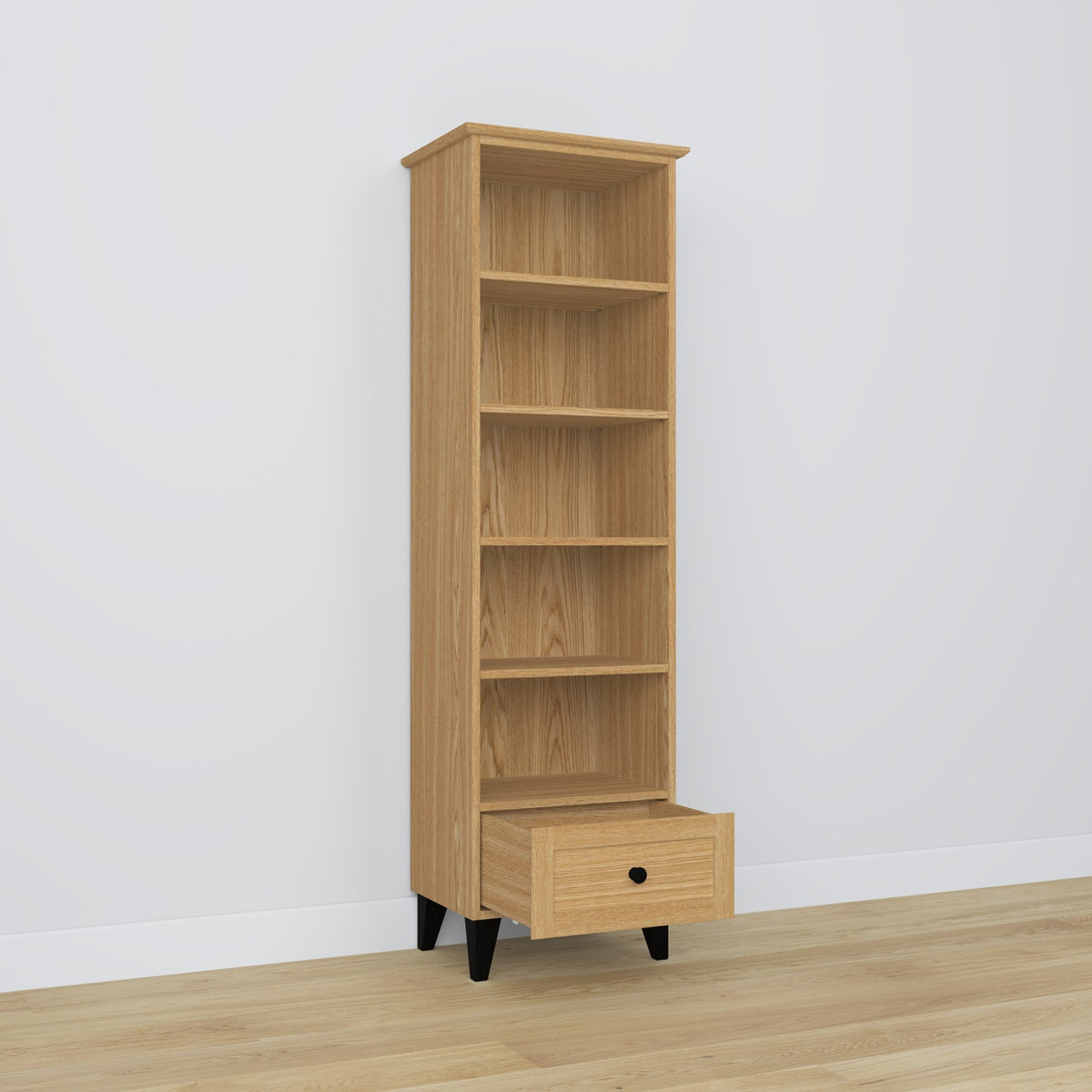 Bookcase 1S 57 natural oak with black made of oak – side view, depth and profile