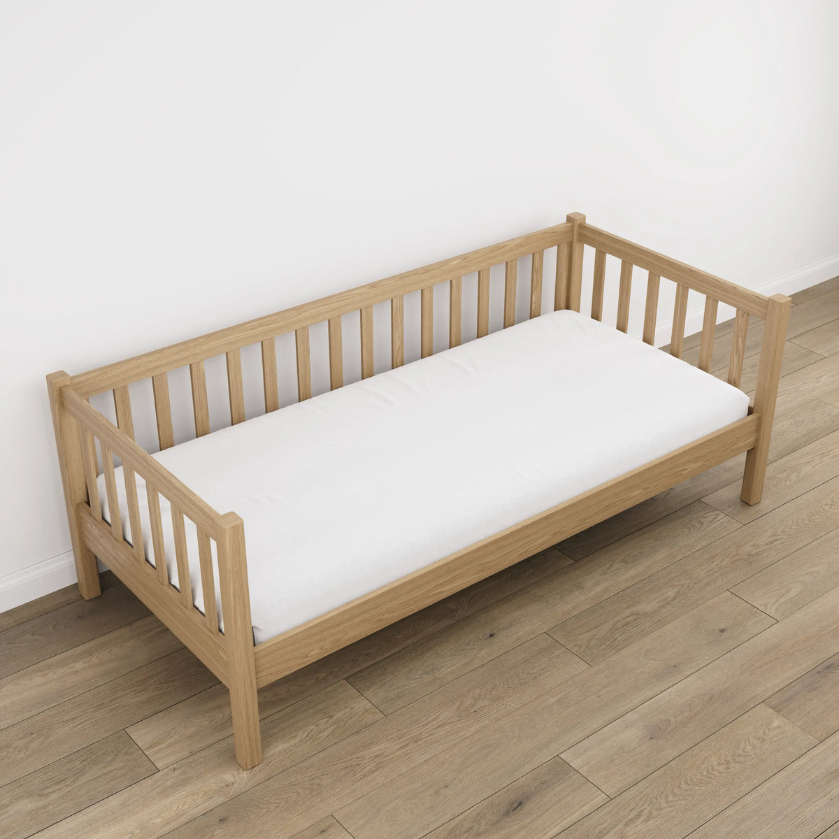 Sofa bed natural oak – oak legs and base, close-up of details