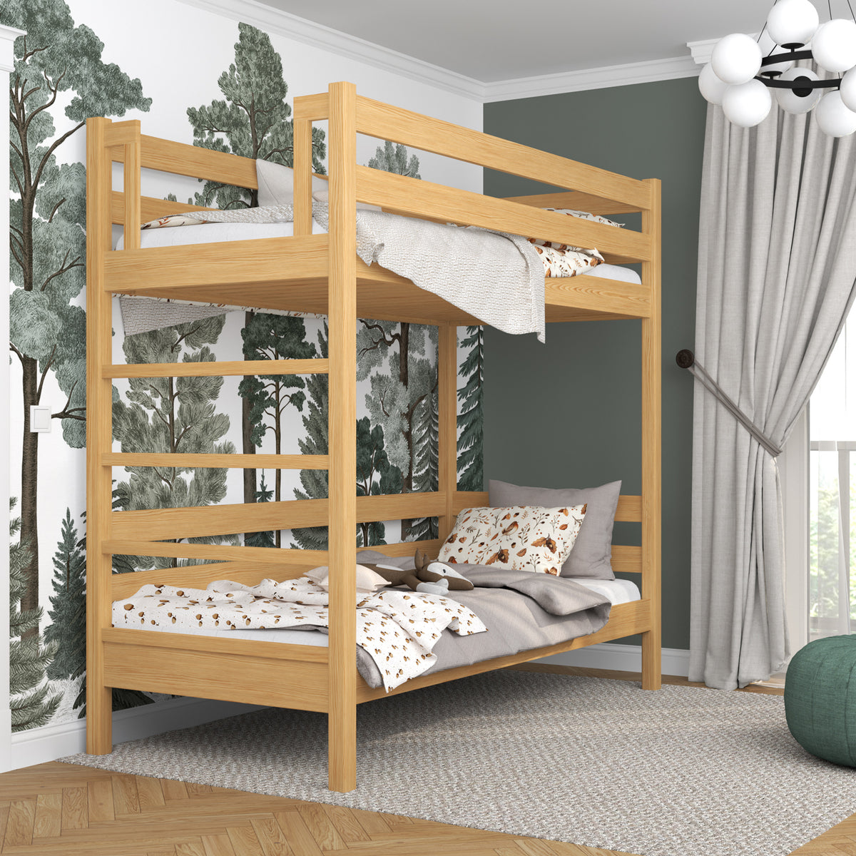 Natural Pine Wooden Bunk Bed – Children’s Room, Solid Wood, Scandinavian Style