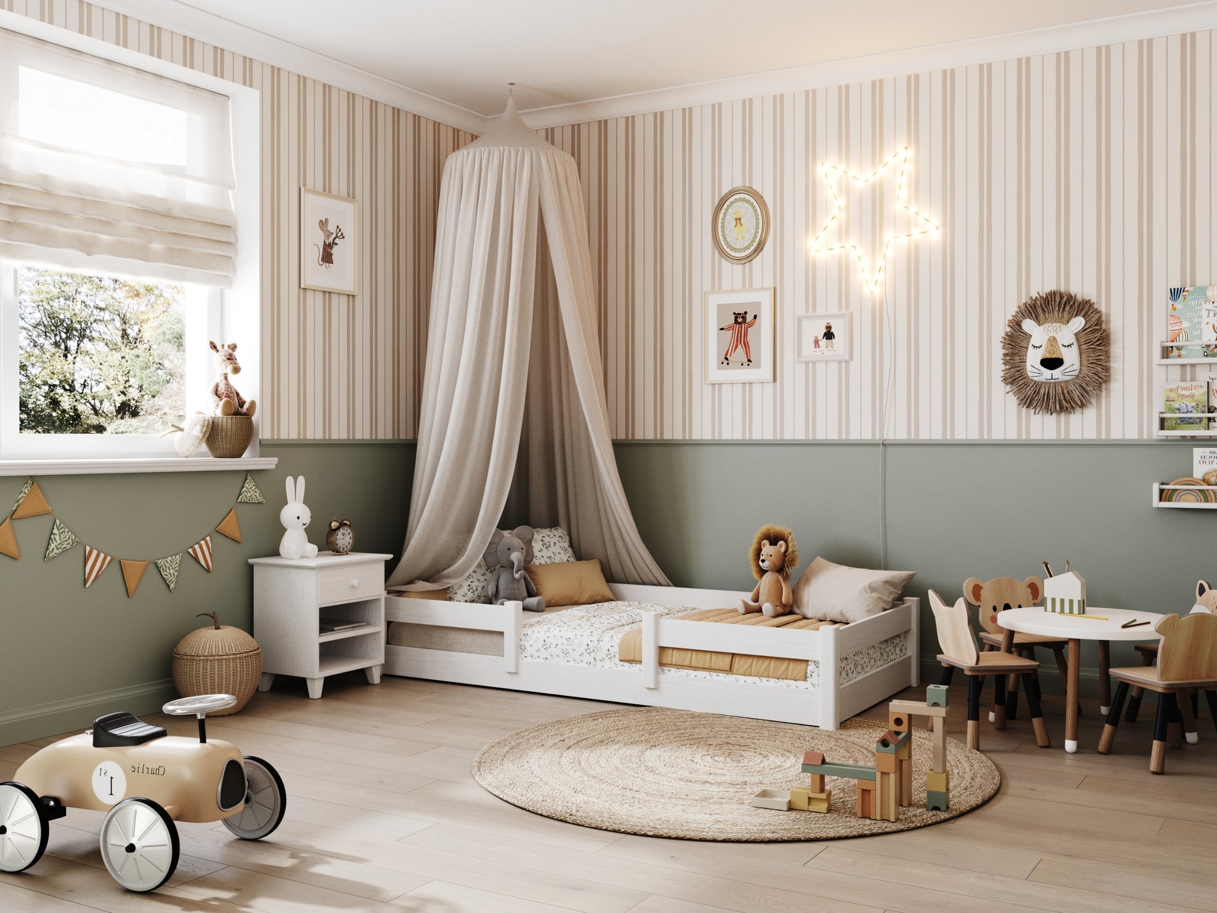 Low Bed White in Bedroom – Scandinavian Arrangement, Wooden