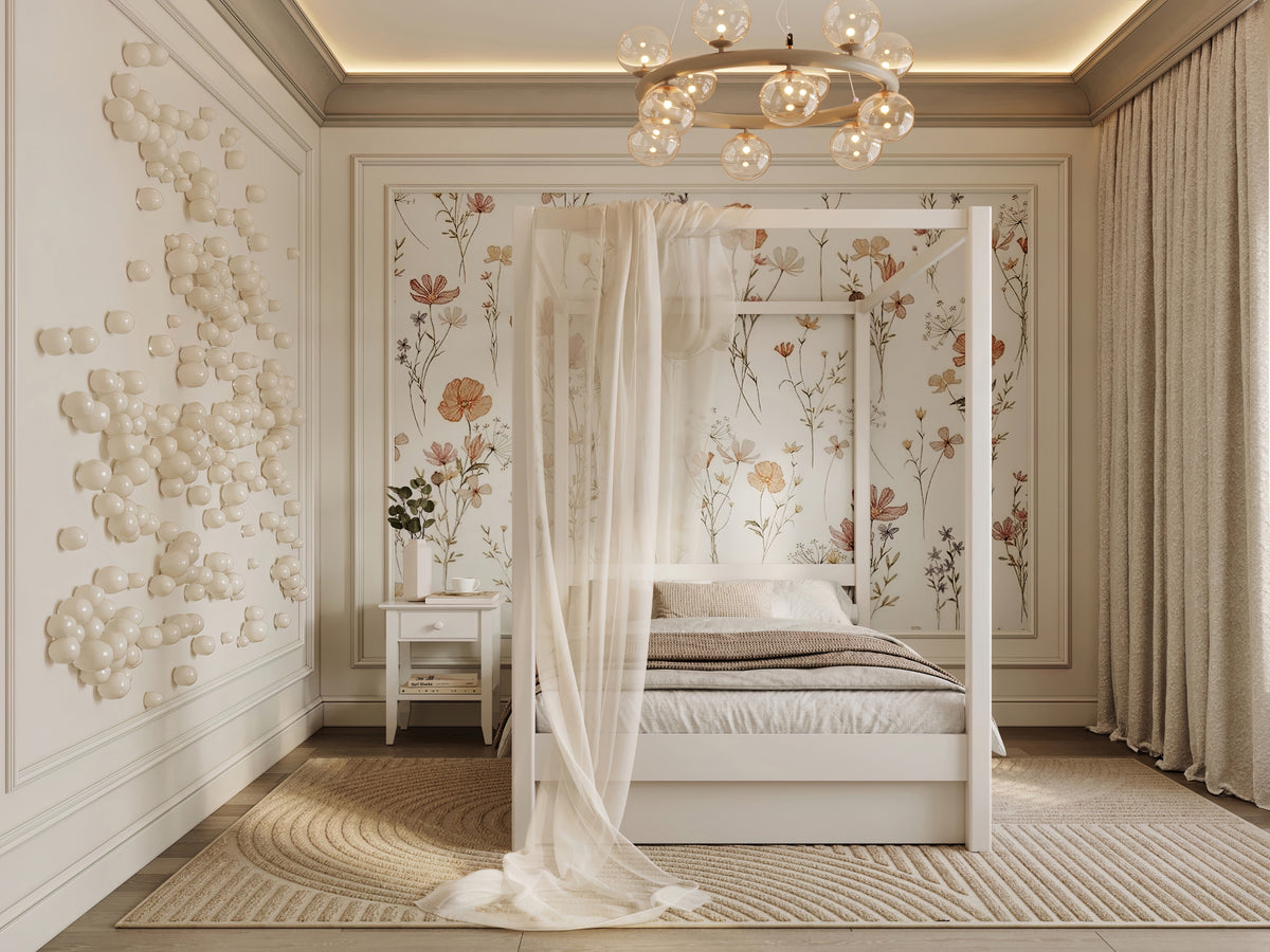 Wooden canopy bed white – decorative frame, child’s room