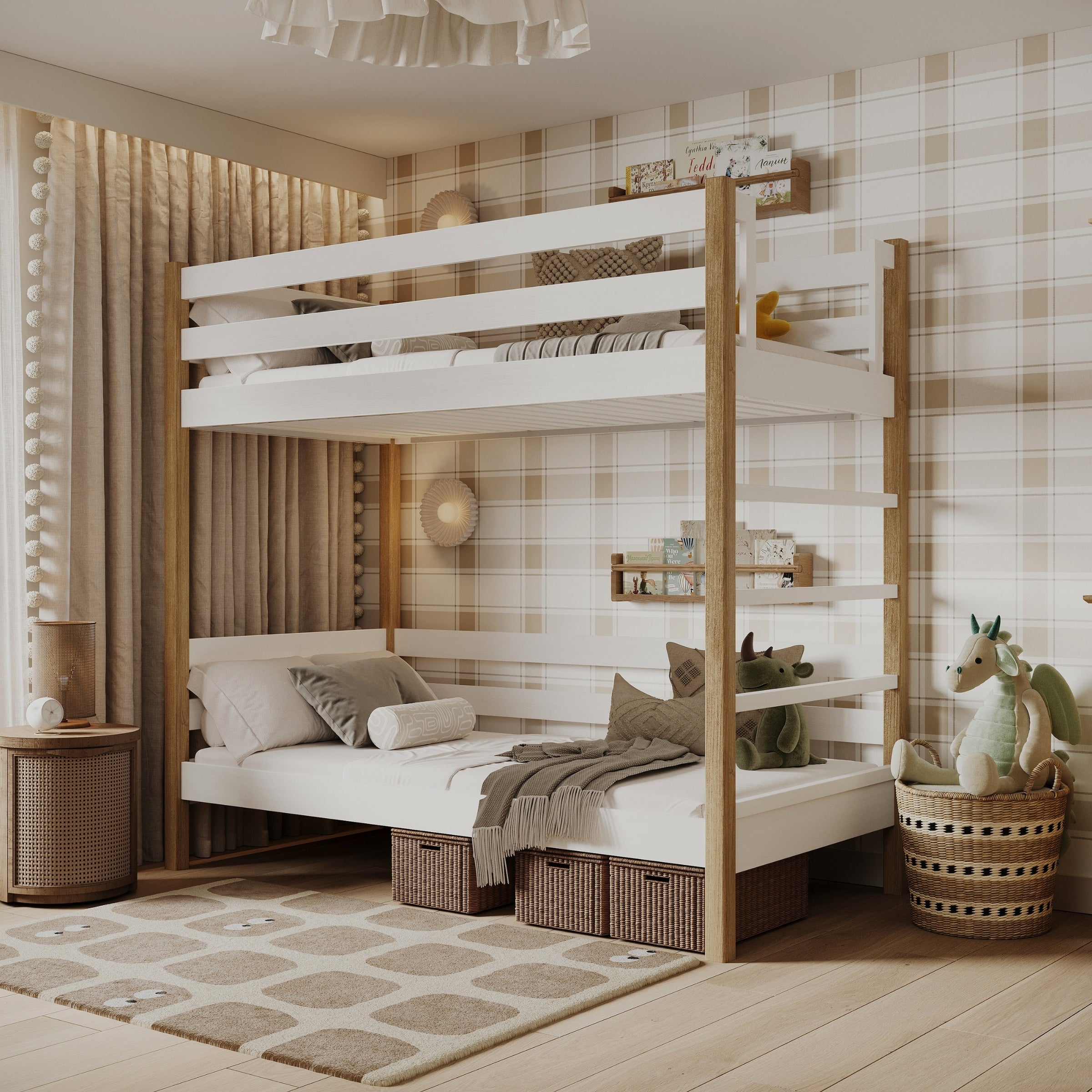 White and Oak Bunk Bed – Wooden Ladder and Safety Rail, Nizio Home
