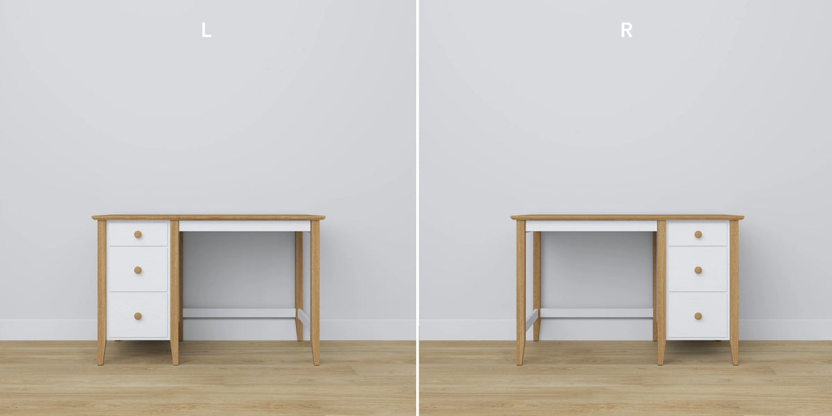 Desk 3S wooden white with oak – open drawers, document storage compartments