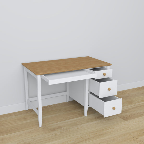 Desk 3S white with oak – wooden, compact tabletop, front view, Nizio