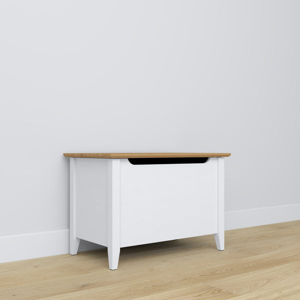 Chest wooden white with oak – open lid, spacious storage interior