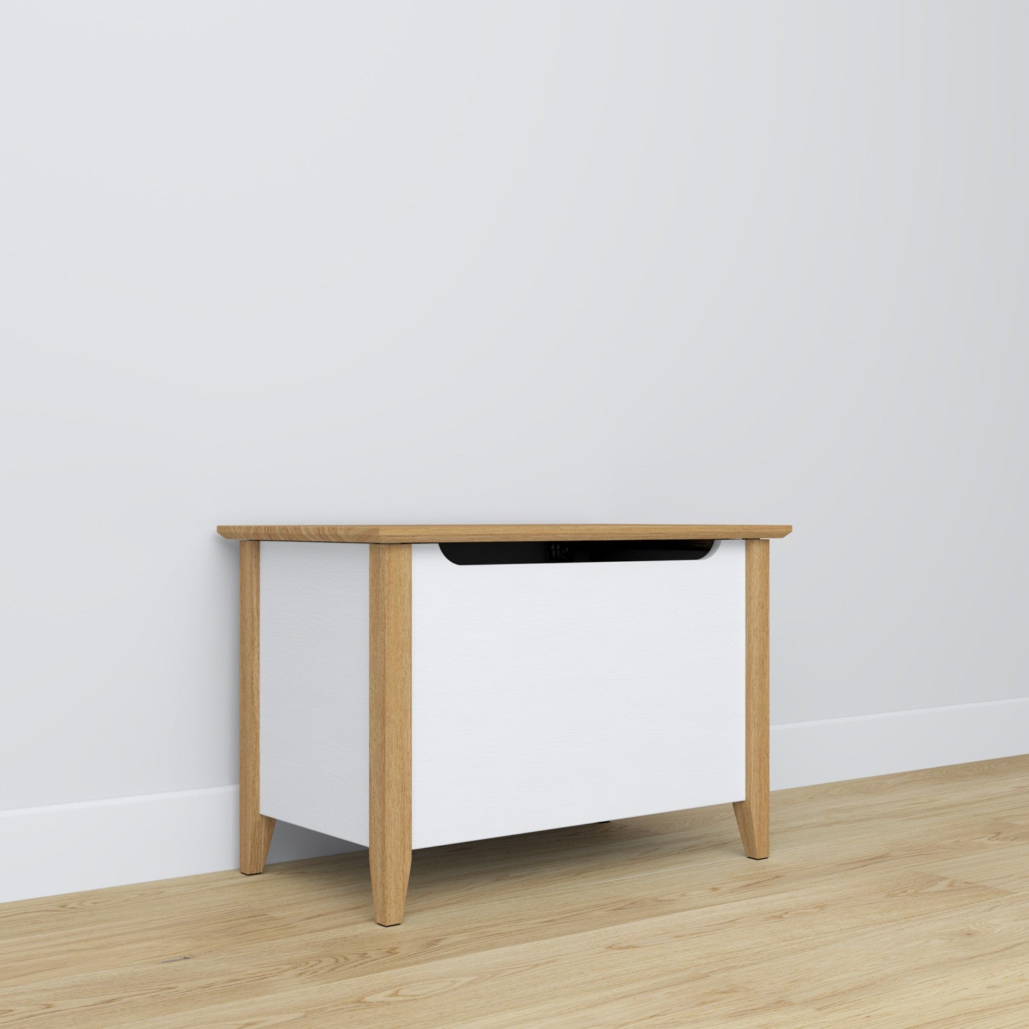 Chest white with oak – wooden, closed lid, front view, Nizio