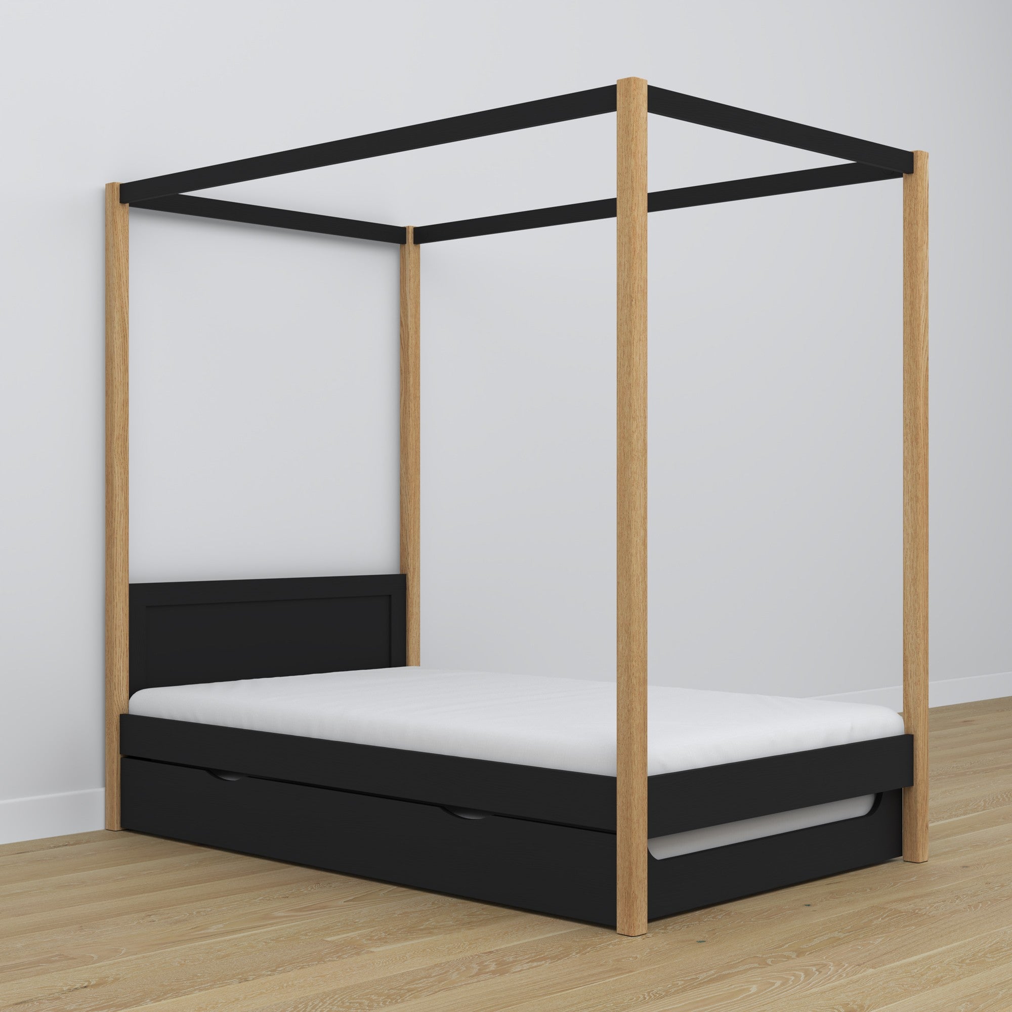 Black and Oak Canopy Bed – Drawer for Additional Mattress, Wooden