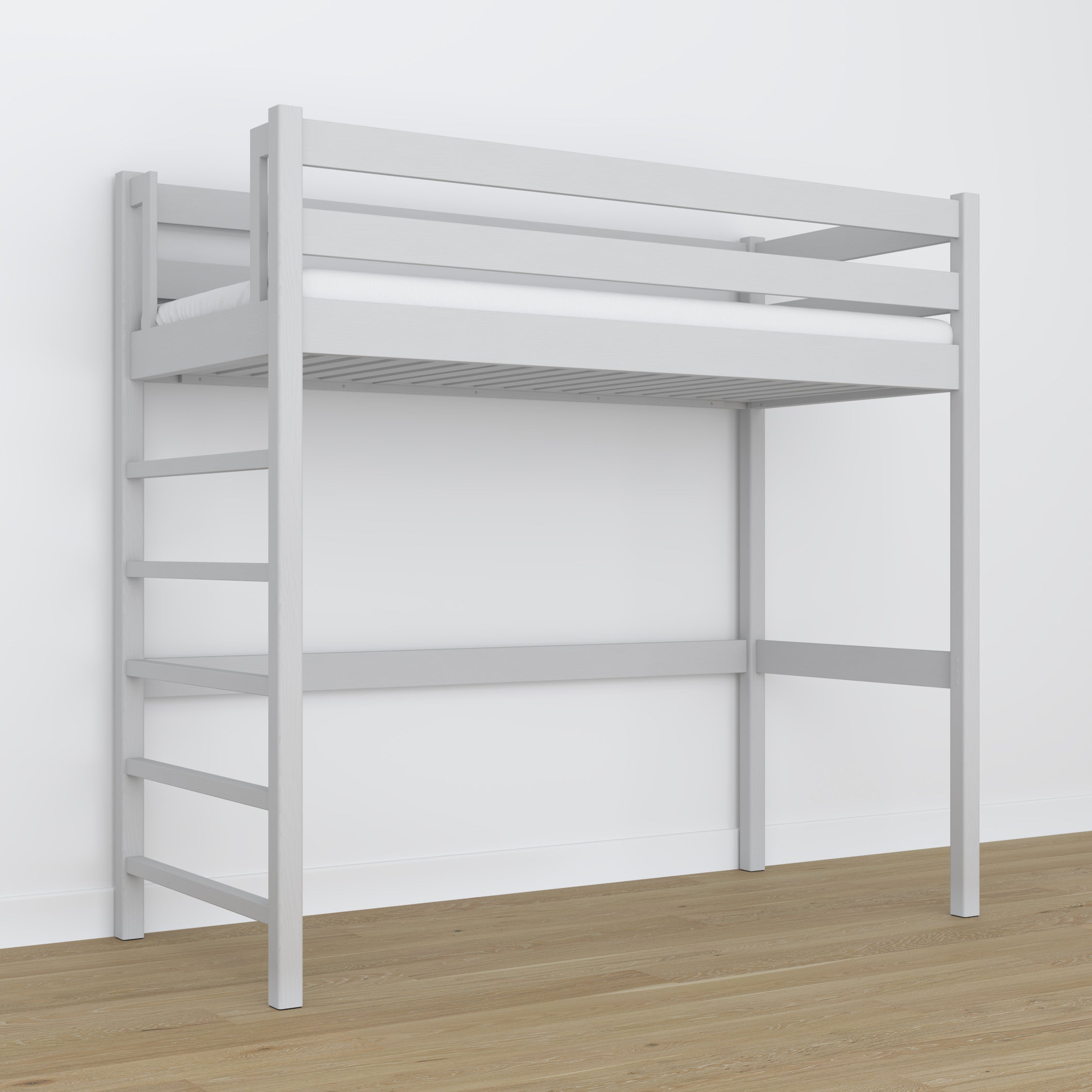 Loft bed grey wooden – top view of the sleeping area