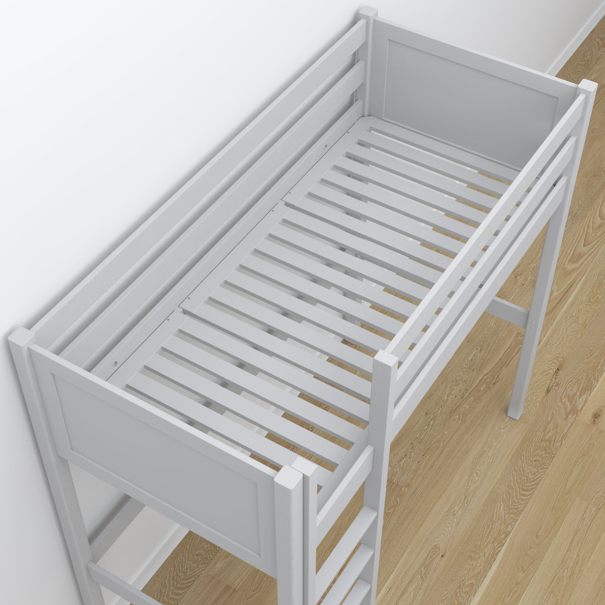 Loft bed grey in children’s room – scandi arrangement, wooden