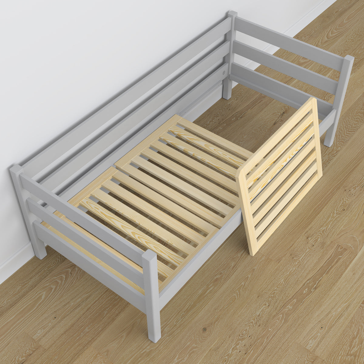 Sofa bed wooden grey – angled view, scandi