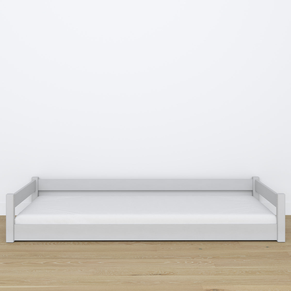 Low Bed Wooden Grey – Low Frame, Side View, Scandi Bedroom