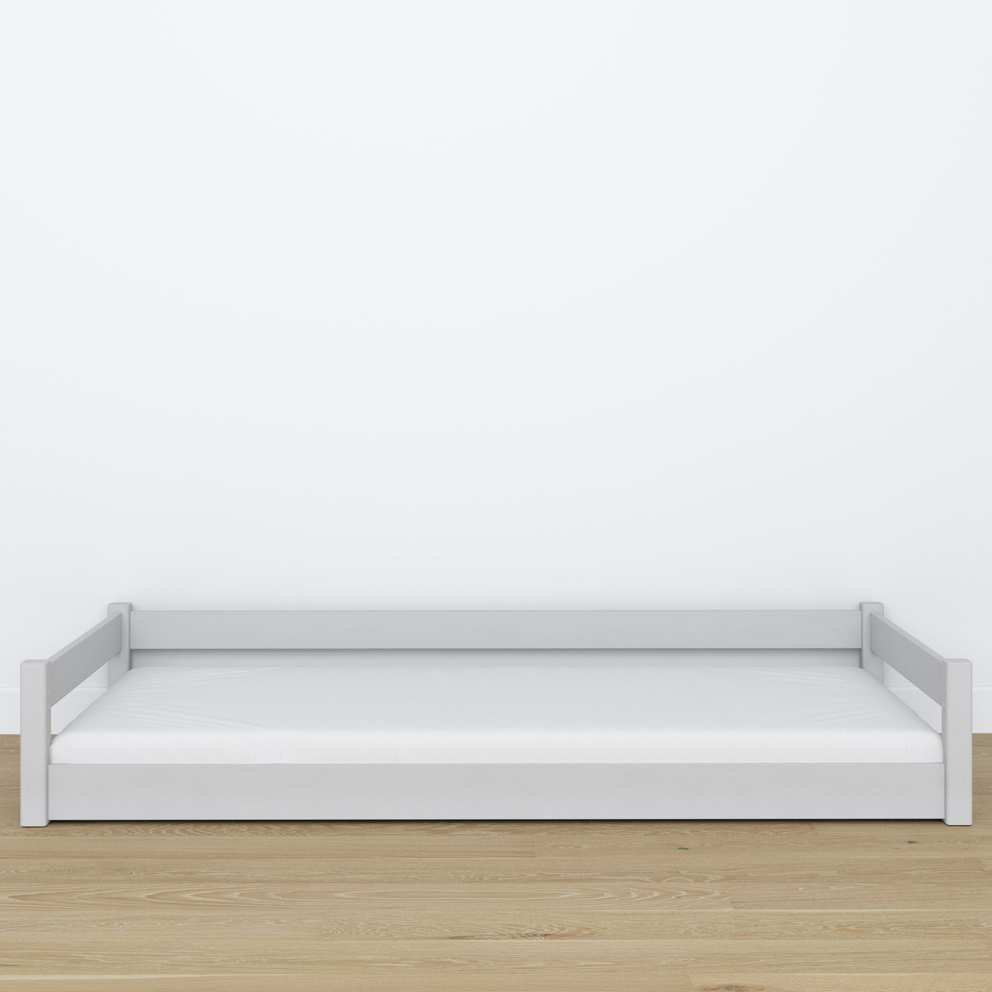 Low Bed Wooden Grey – Low Frame, Side View, Scandi Bedroom