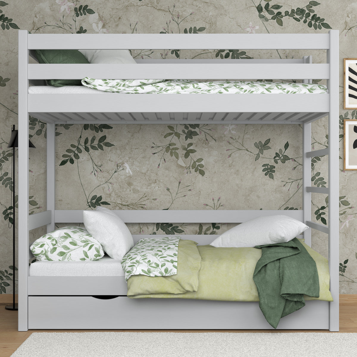 Grey Bunk Bed with Drawer – Wooden Safety Rail and Ladder, Nizio