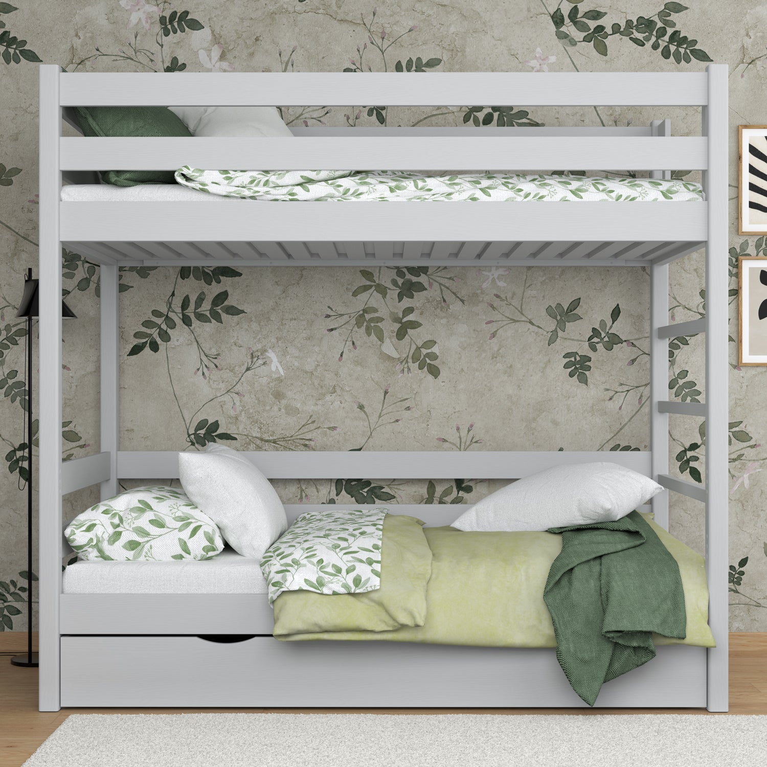 Grey Bunk Bed with Drawer – Wooden Safety Rail and Ladder, Nizio