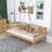 Natural pine sofa bed in a child’s room – scandi arrangement, wooden