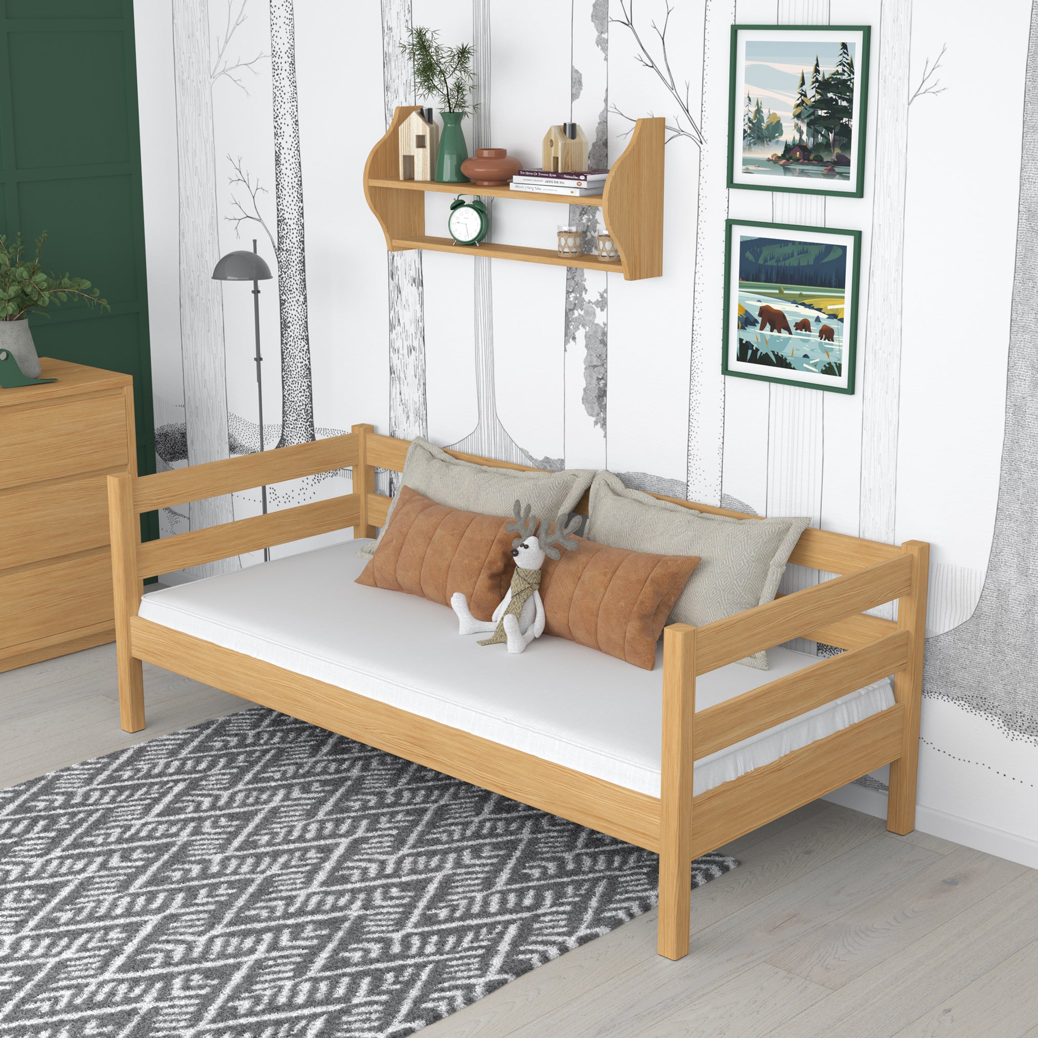 Natural pine sofa bed in a child’s room – scandi arrangement, wooden