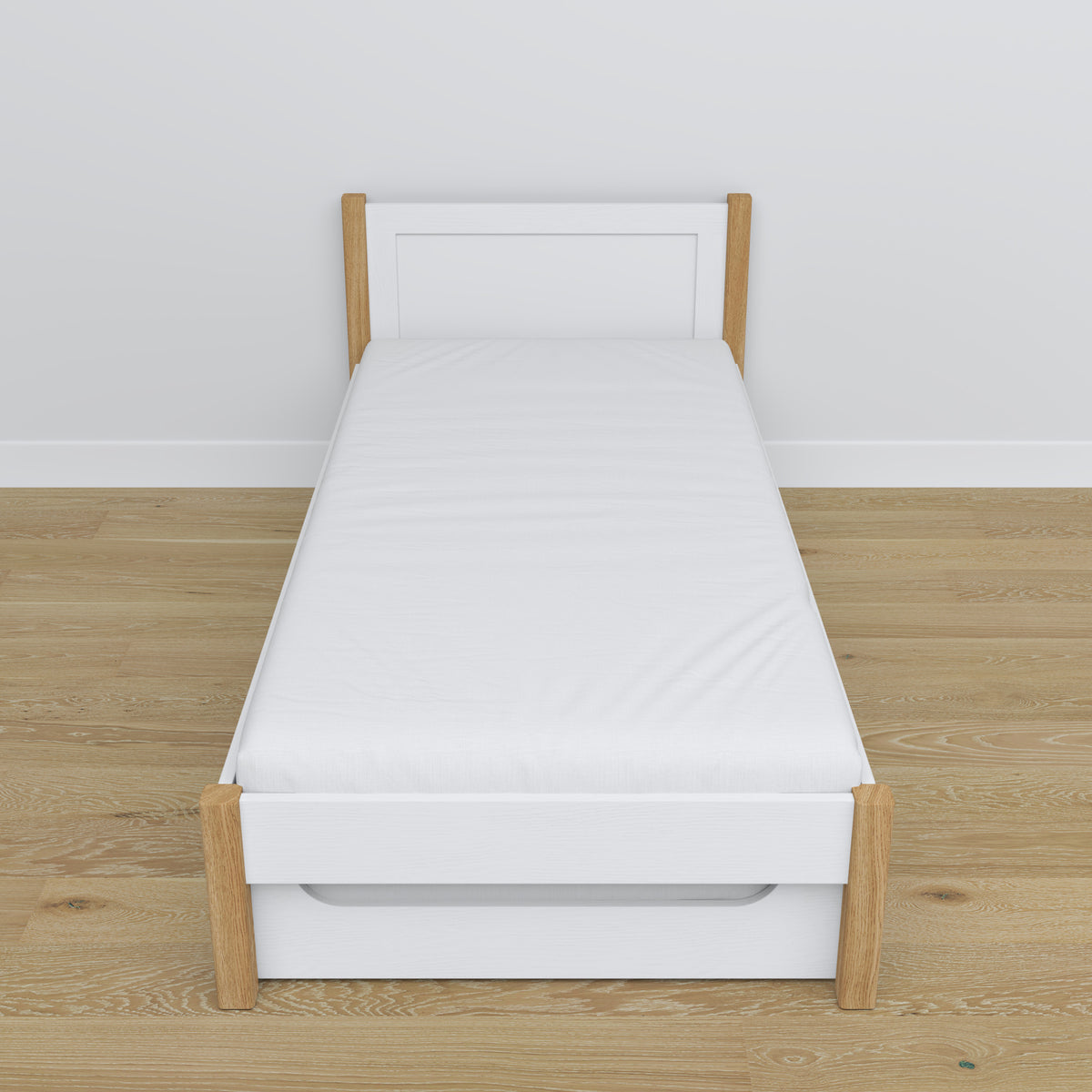 Bed white/oak – mattress drawer, wooden details, Nizio Home