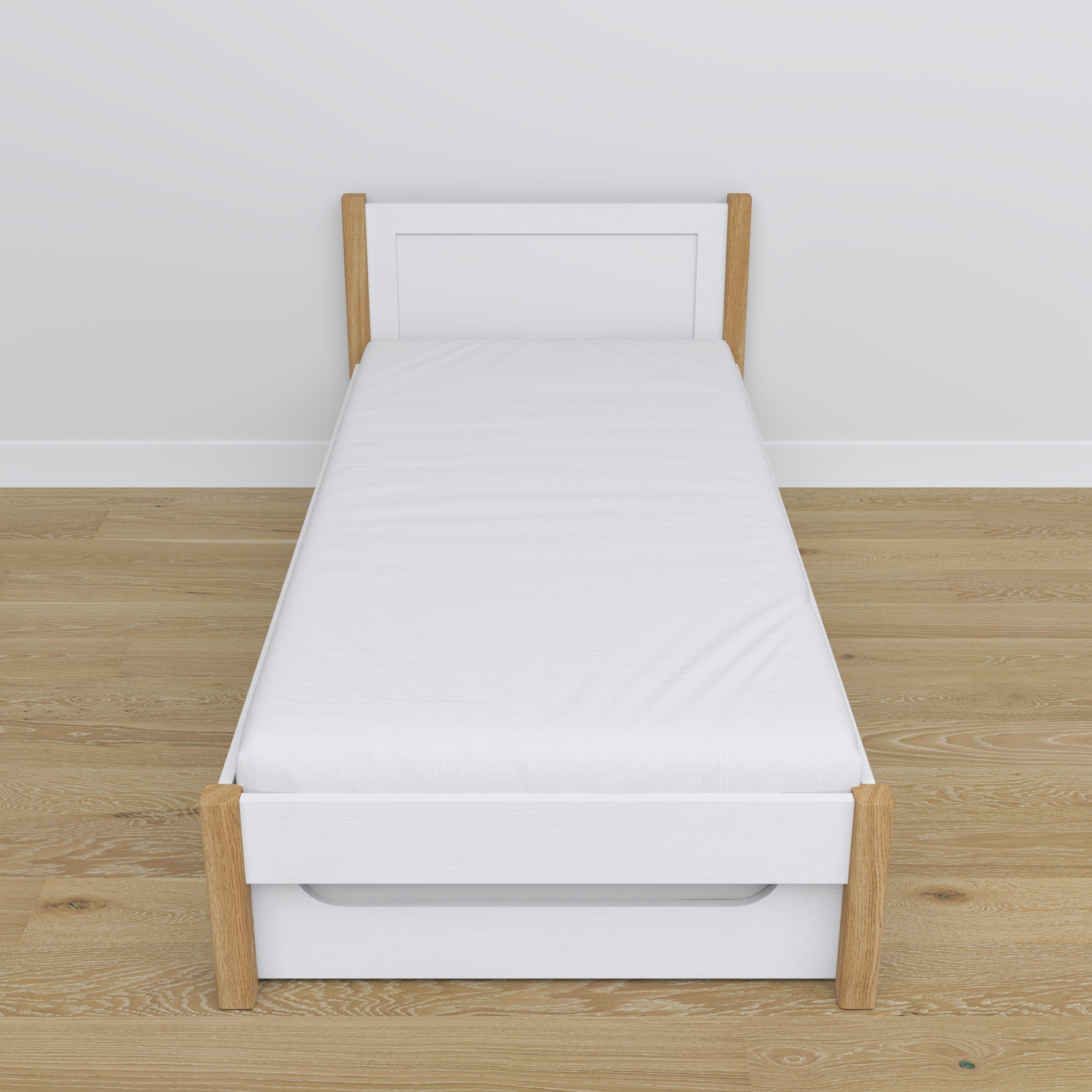 Bed white/oak – mattress drawer, wooden details, Nizio Home