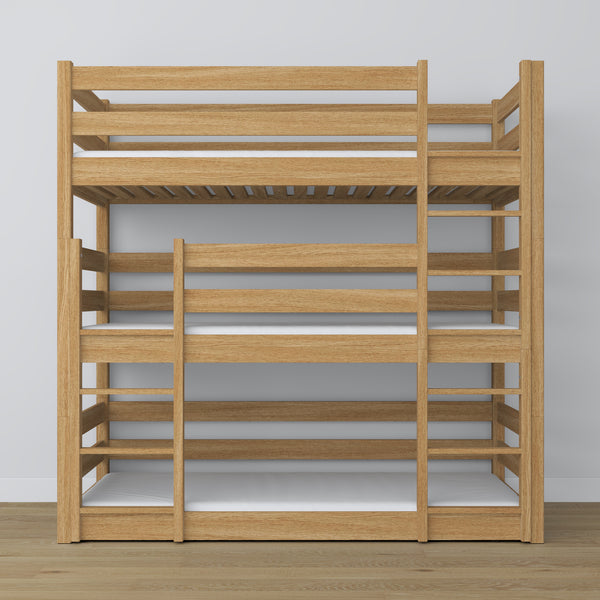 Triple bunk bed natural oak – ladder and safety rails, wooden