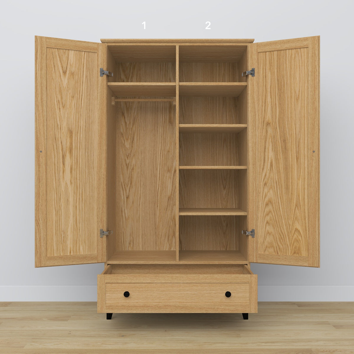 Wardrobe 2D1S natural oak with black – open drawer, spacious storage compartment, oak wood