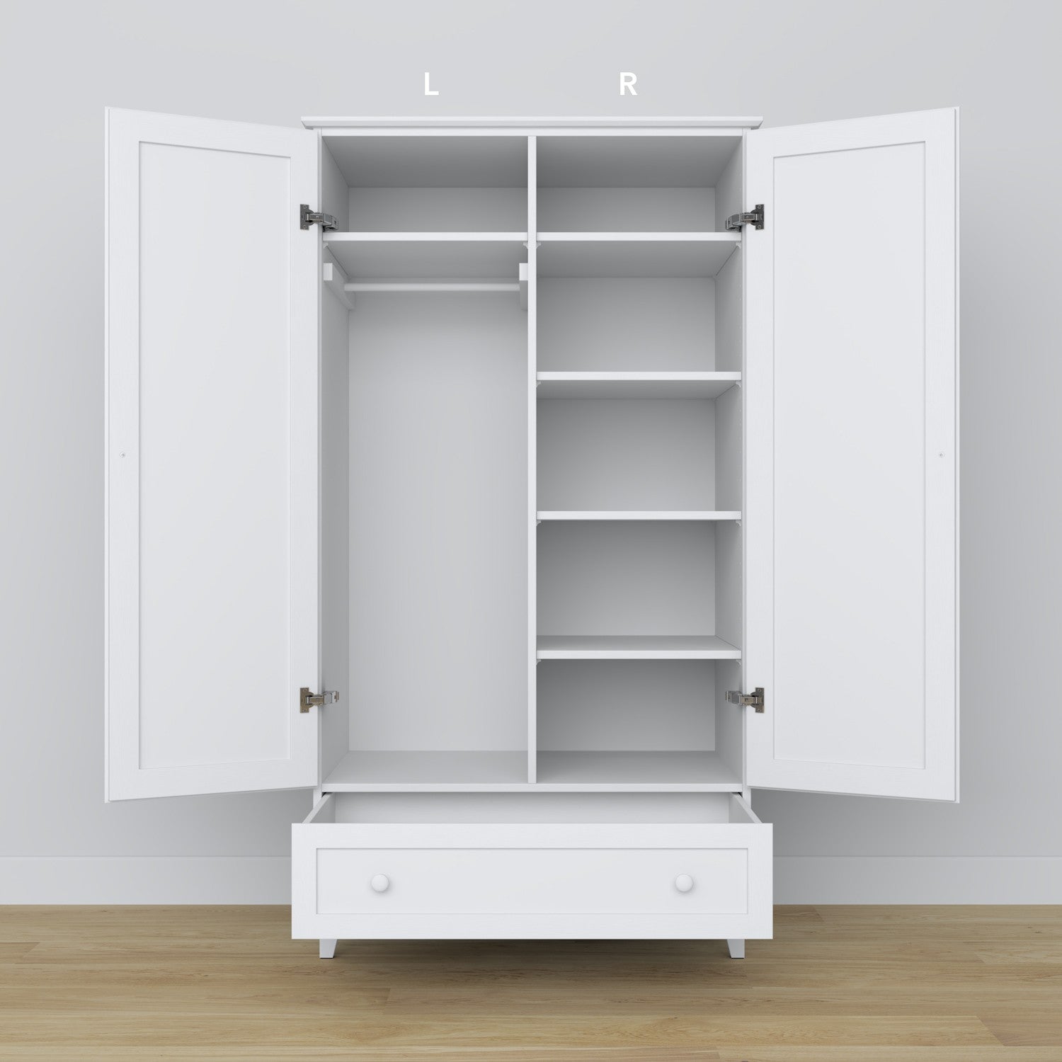 Wardrobe 2D1S white – open drawer, spacious storage compartment, wooden