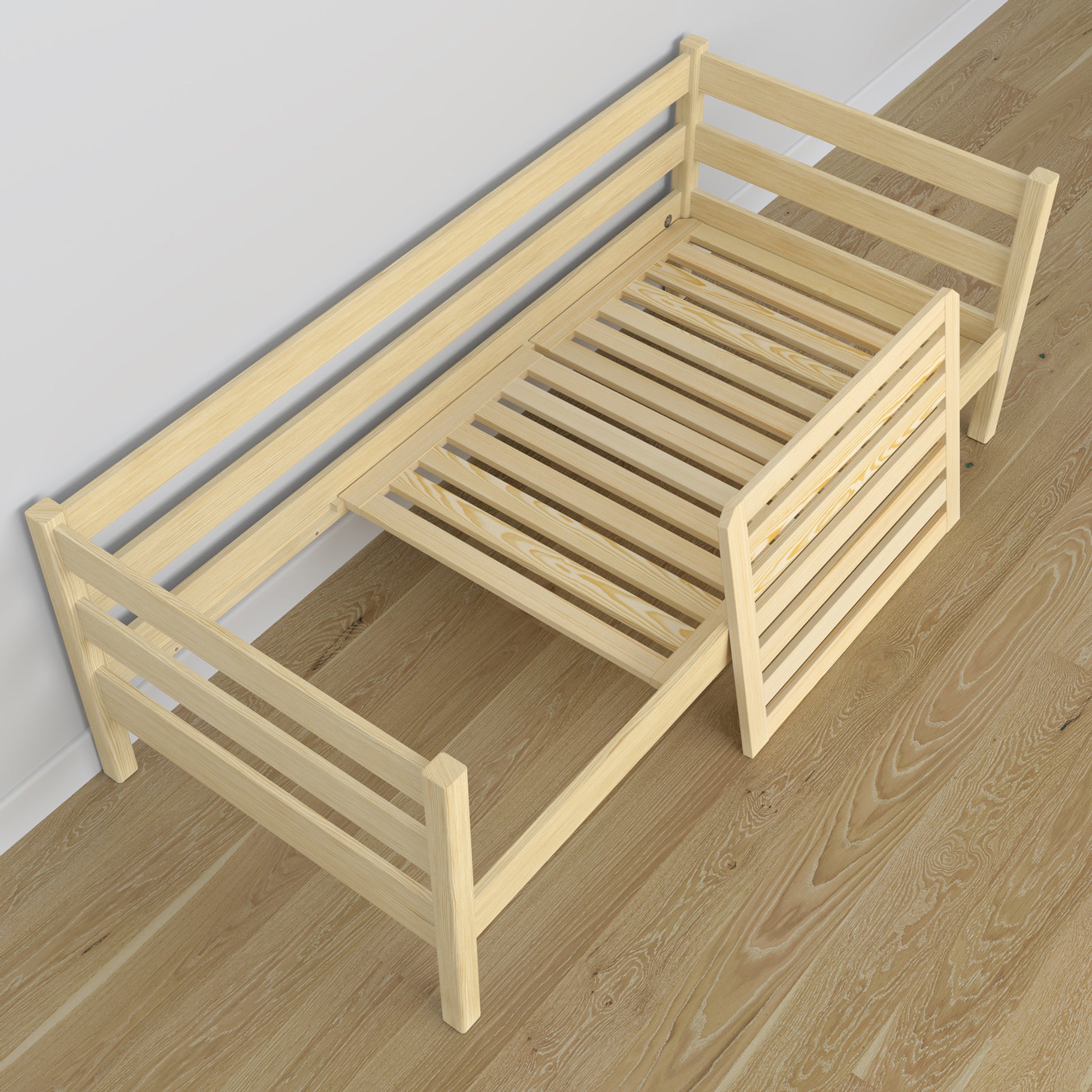 Sofa bed wooden clear pine – view from the headboard, children’s room