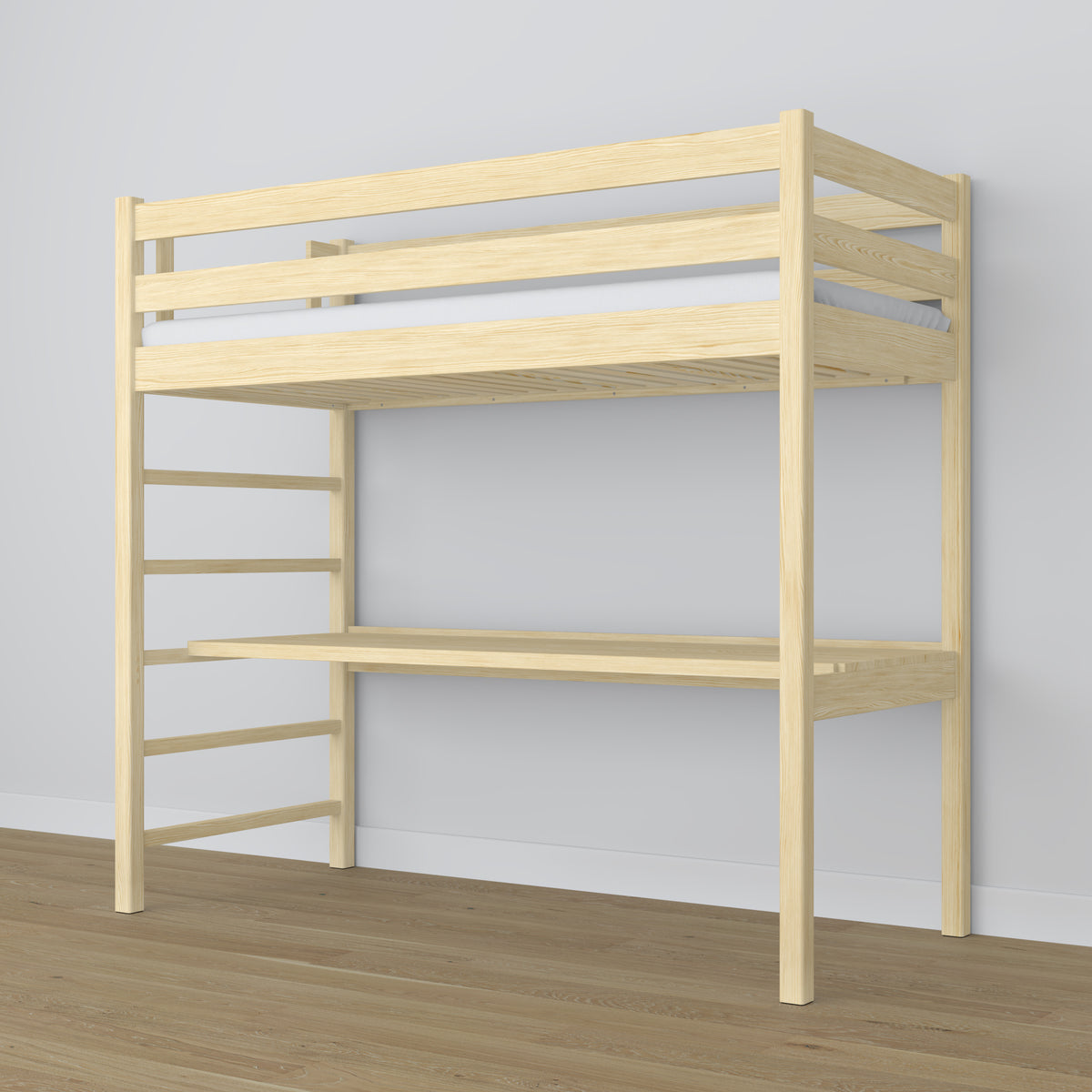 Clear Pine Wooden Loft Bed with Desk – Frame and Slats, Nizio