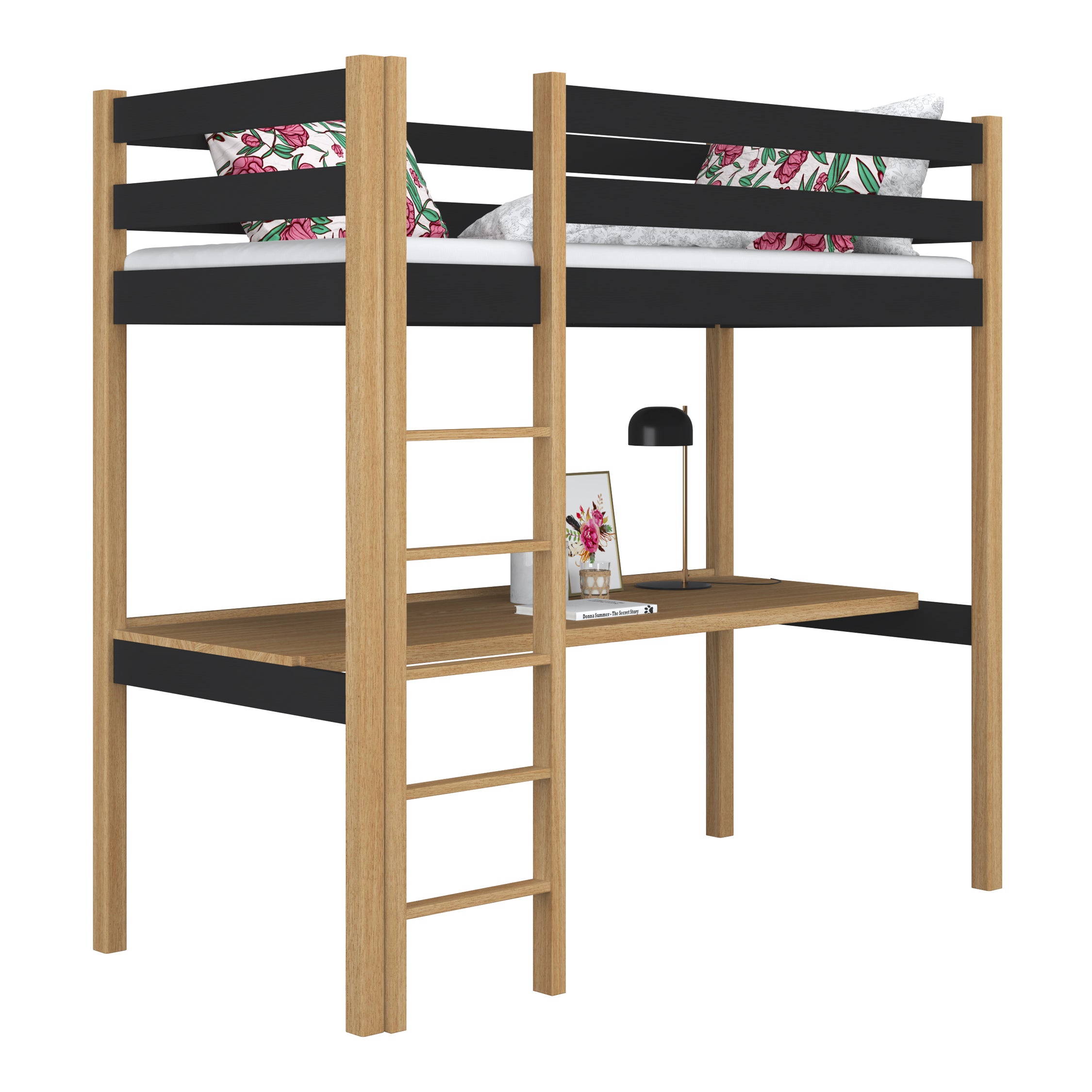 Black and Oak Wooden Loft Bed with Desk – Children’s Room, Scandi Nizio