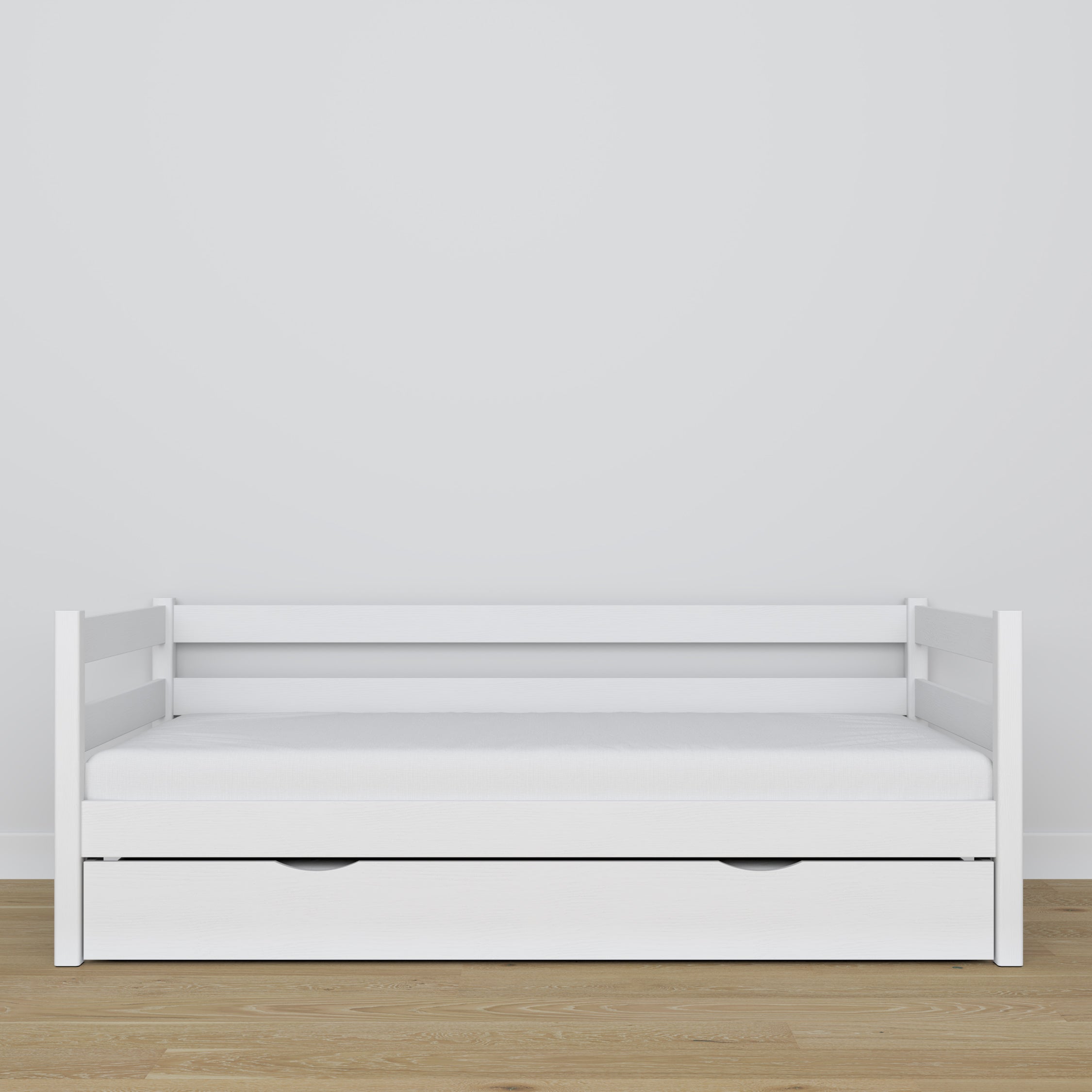 White sofa bed with mattress drawer made of wood – dimensions, Nizio