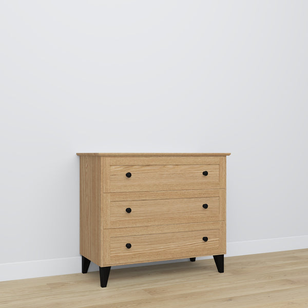 Chest of drawers 3S natural oak with black – oak, closed drawers, front view, Nizio