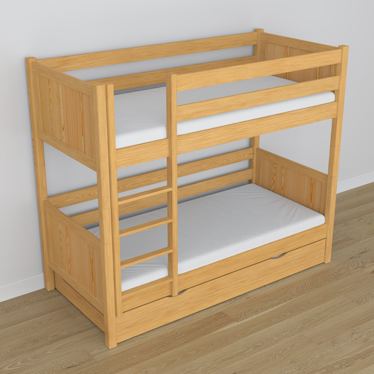 Bunk Bed with Mattress Drawer Natural Pine Wooden – Solid Wood, Scandi Style
